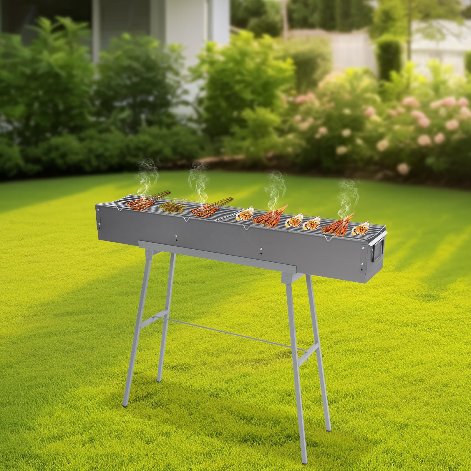 Grill kempingowy, grill na węgiel drzewny z 2 siatkami, składany grill piknikowy, 100 x 18 x 13 cm, grill kempingowy, grill węglowy, grill ogrodowy