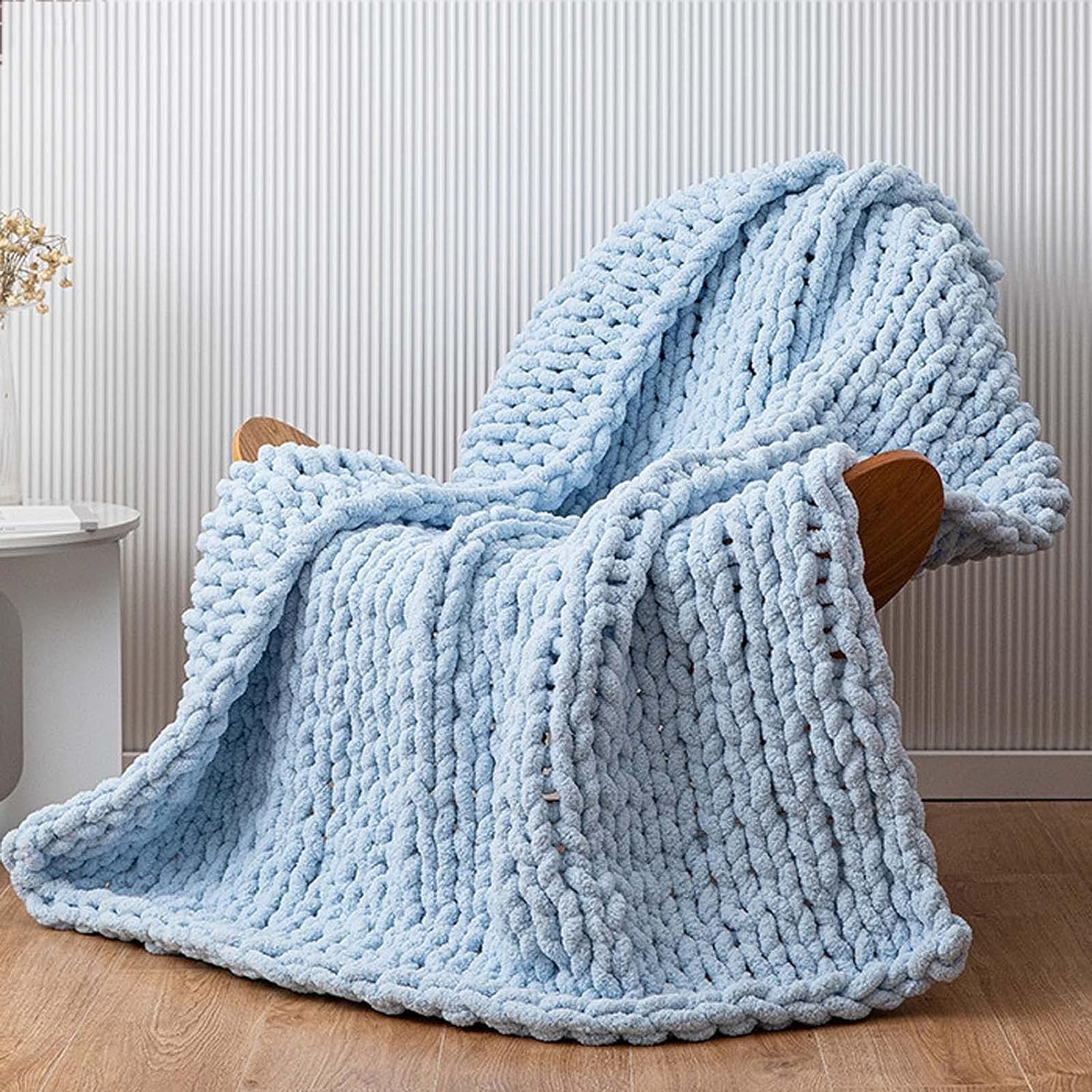 Luxury Chenille Chunky Knitted Blanket Throw, Handmade Knitting Soft Fluffy Blanket for Sofa Couch Bed Home Decor (Color : Lake blue, Size : 100x200cm)