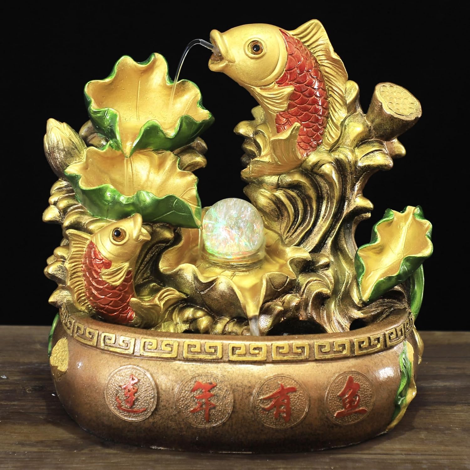 Golden Koi Fish Water Fountain – Tabletop Feng Shui Decoration with LED Crystal Ball, 11.81x7.87x11.81 Inches
