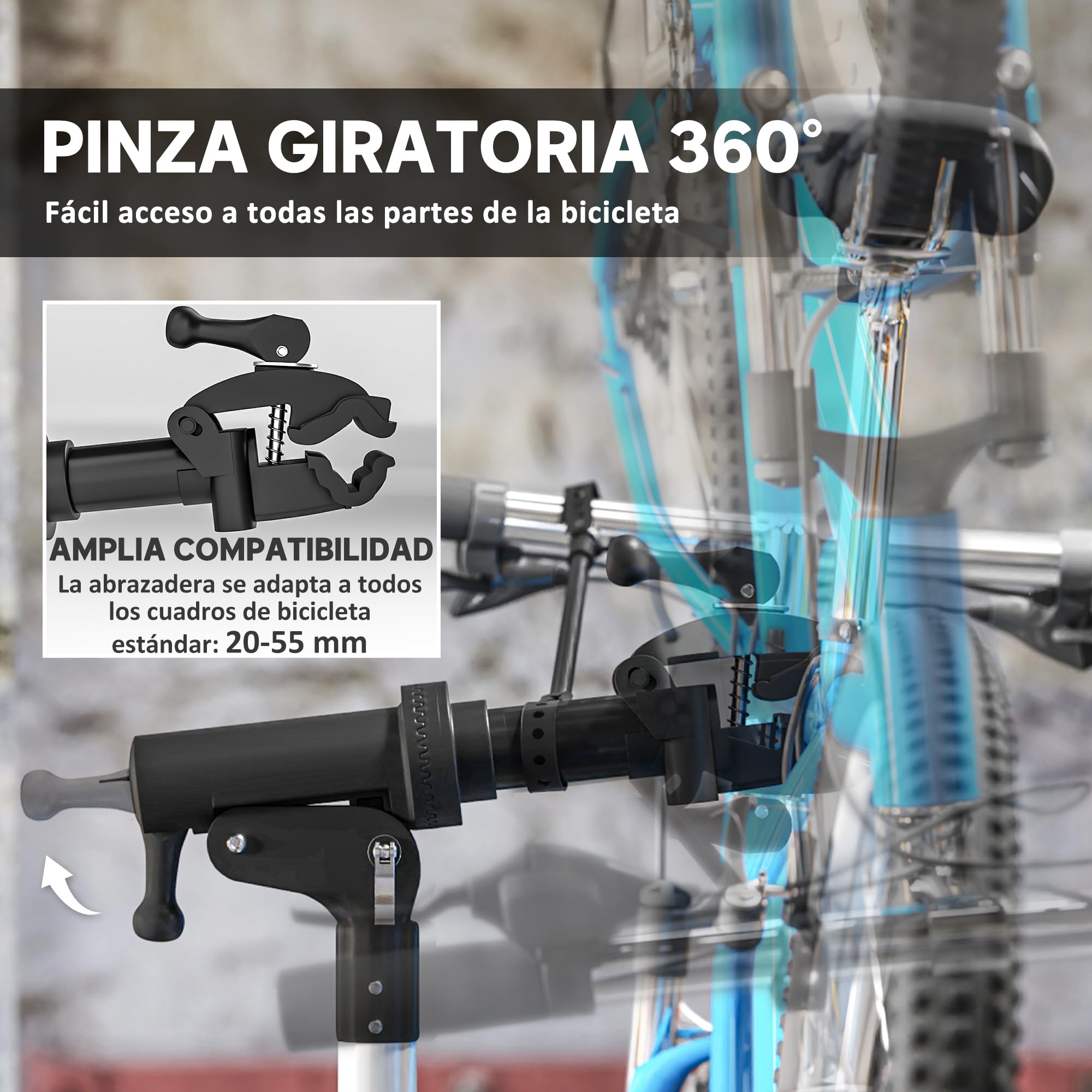 HOMCOM Soporte Tallar Bicicleta de Aluminio, Caballete para Bicicleta Plegable con Bandeja Magnética, Altura Ajustable 107-160 cm y Giratoria 360°, Caballete de Reparación de Bici Carga 40 kg, Negro