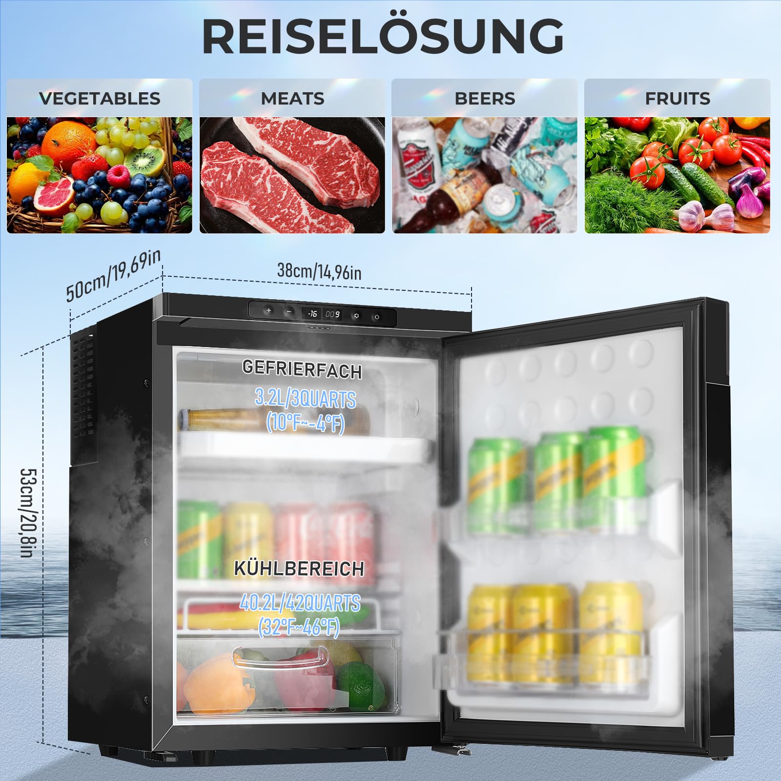 Mini Kühlschrank, 50L Kühlschrank klein, 12V/24V 230V Kleiner Kompressor Kühlbox mit umkehrbarer Tür, Ultra-Leise, LED & App Steuerung, Energieeffizienter Kompaktkühlschrank für Auto, Boot, Wohnmobil