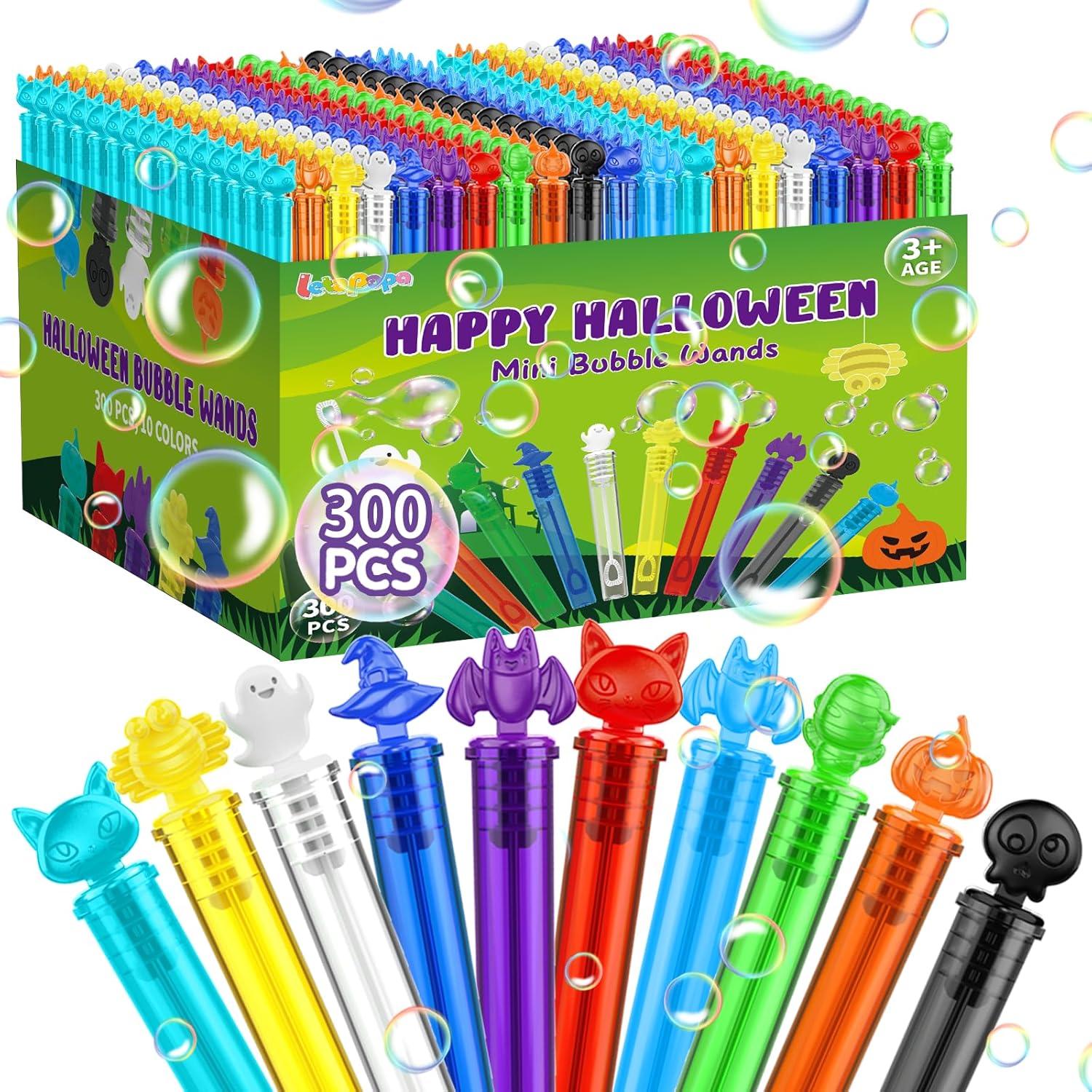 300 PCS Halloween Mini Bubble Wands, Halloween Party Favors for Kids, Bubble Wand Bulk for Goodie Bag Stuffers, Trick or Treat, Halloween School Classroom Prizes Gifts for Boys Girls(10 Colors)