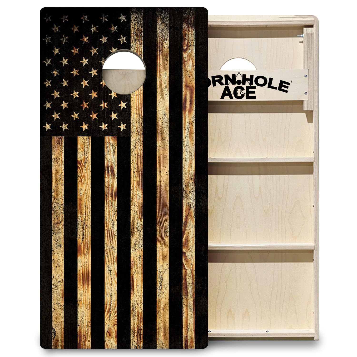 CornholeAce PRO USA Flag Burnt Wood | Professional Cornhole Board Set, No Bounce! Triple Wide Legs, 3/4in Baltic Birch Plywood, Regulation Size, Tournament Style, American Official, Made in USA