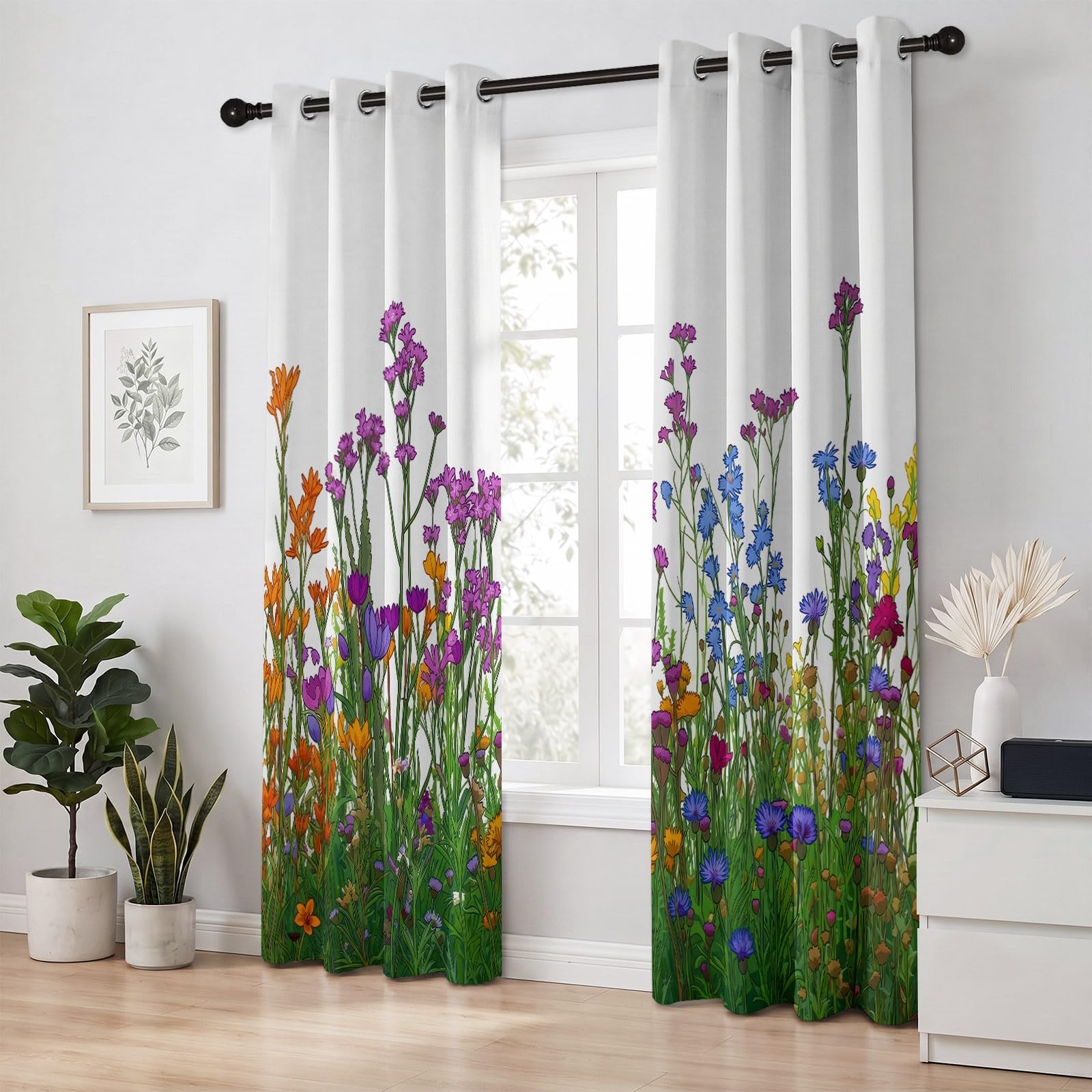 245 x 140 cm (wys. x szer.), wiejskie, botaniczne, zielone liście, dzikie kwiaty, zestaw 2 paneli, wiejskie zasłony zaciemniające do sypialni, salonu, zasłony okienne