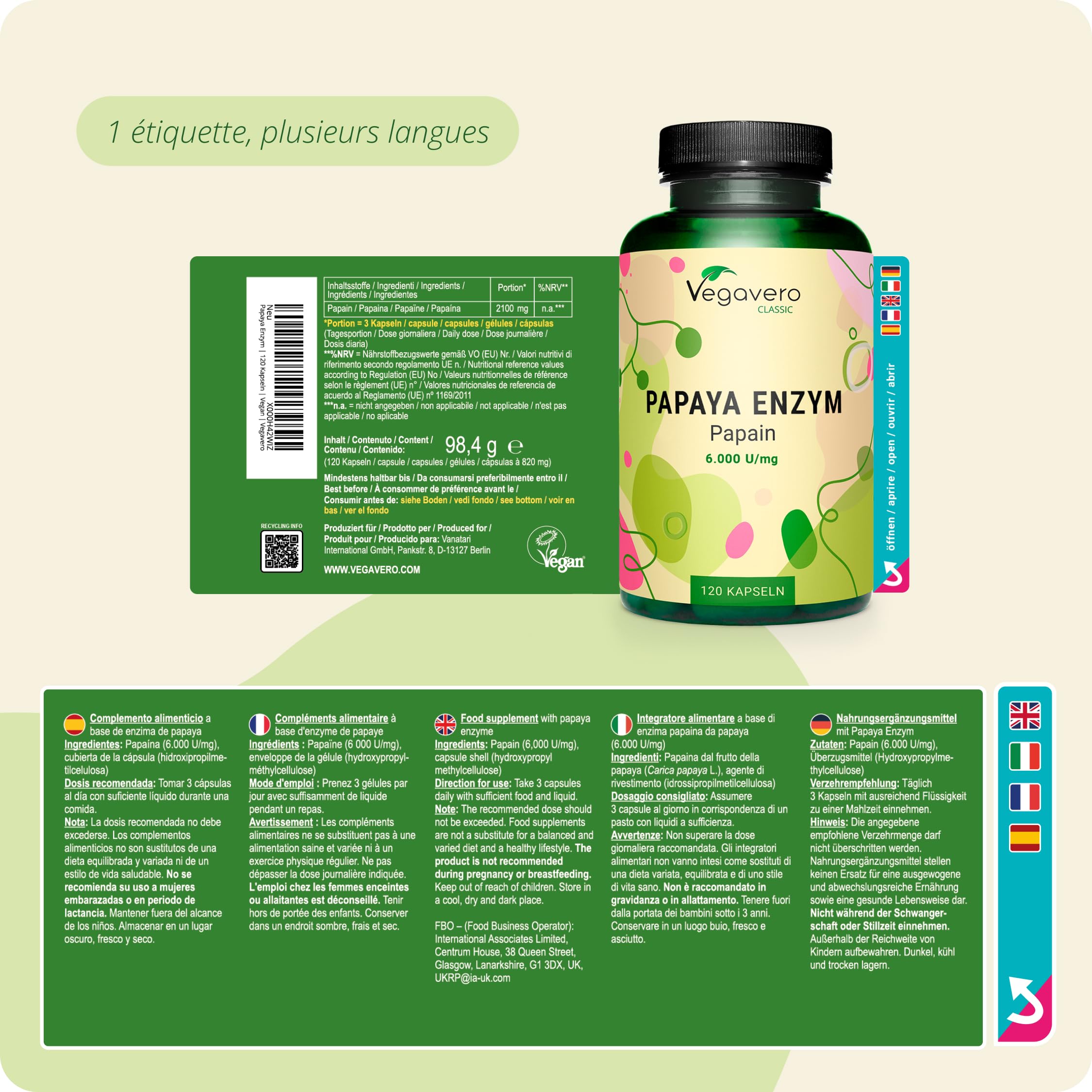 Enzyme de Papaye Vegavero® 700 mg | Papaïne Pure & Naturelle | 120 Gélules | Sans Additifs | Meilleure Digestion | Testé en Laboratoire | VEGAN