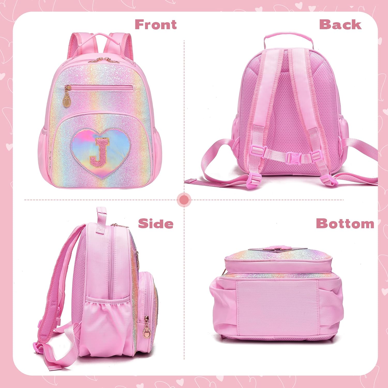I IHAYNER Kids Glitter Initial Backpack Mini Backpack for Girls Lightweight Toddler Preschool Backpack Girls Personalized Trendy Stuff Gifts Pink J - Image 8