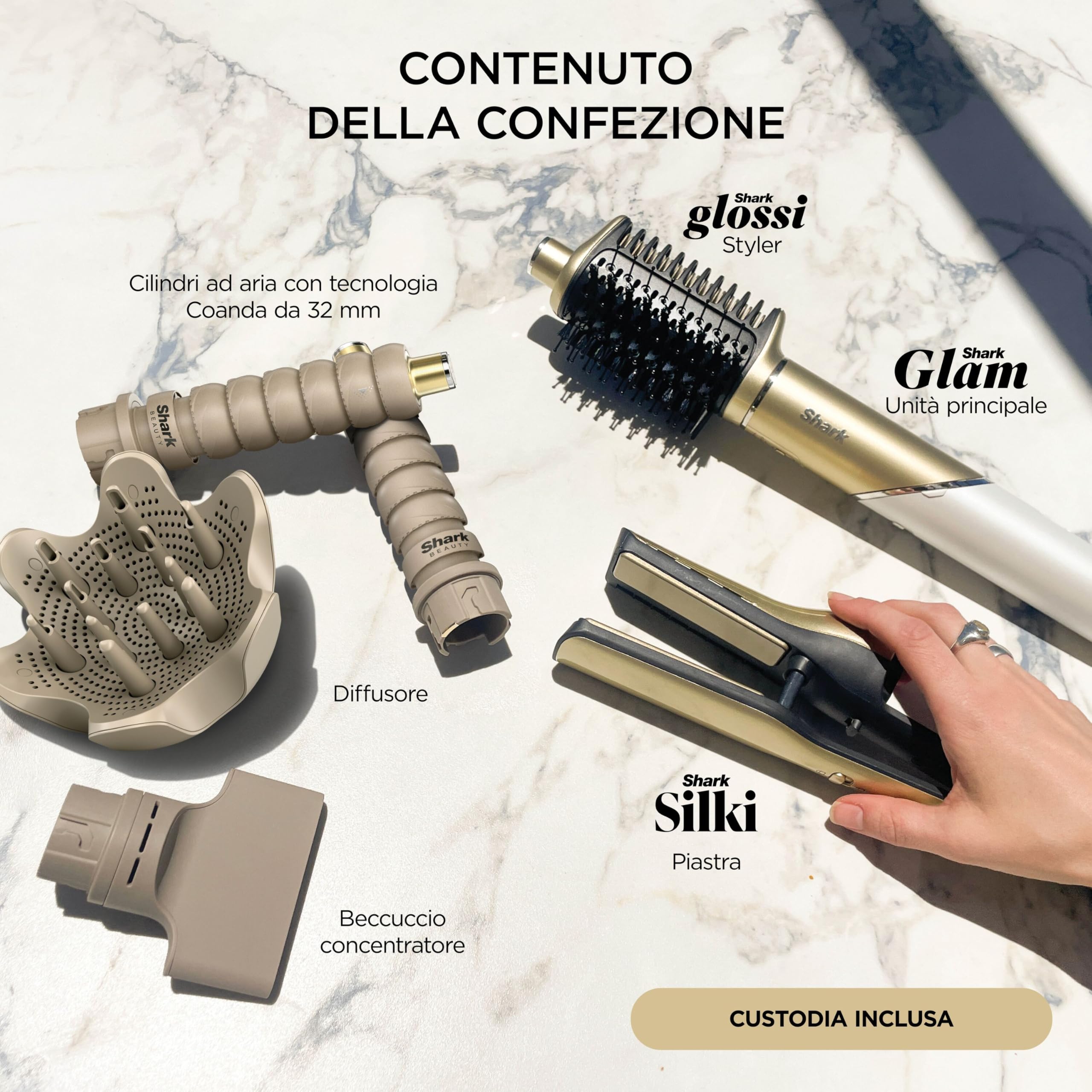Shark Glam Multi-styler per ricci definiti, onde strepitose e un liscio perfetto con ceramica a temperatura controllata, tecnologia Gloss-Lock e 5 accessori per lo styling tra cui Silki, Glossi