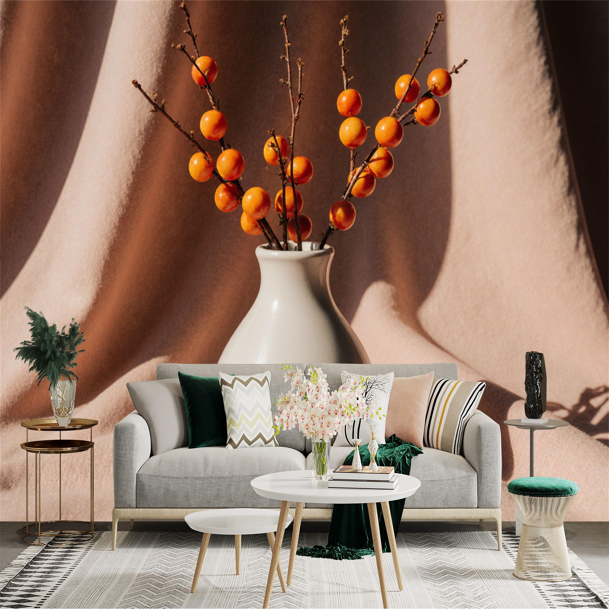 Custom Size Wall Sticker Mural， Minimalist Ceramic Vase with Orange Berries， Warm Fabric Texture， Modern Still Life Art， for wall Decoration， peelandstick wall Decals.