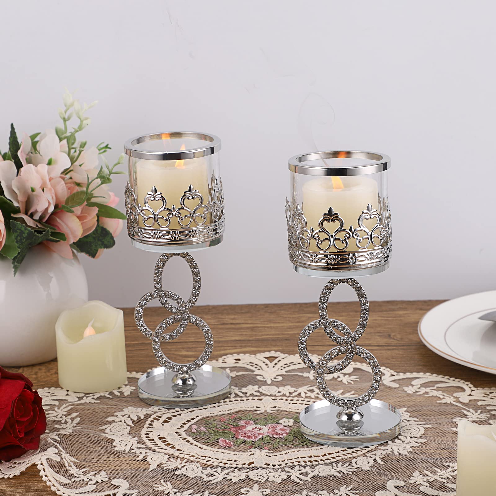 Kristallglas Teelicht Votivkerzenhalter 2er Set Dekorative Klarglas Aromatherapie Kerzenhalter für Hochzeit Geburtstag Weihnachten Halloween Party 18cm Silber