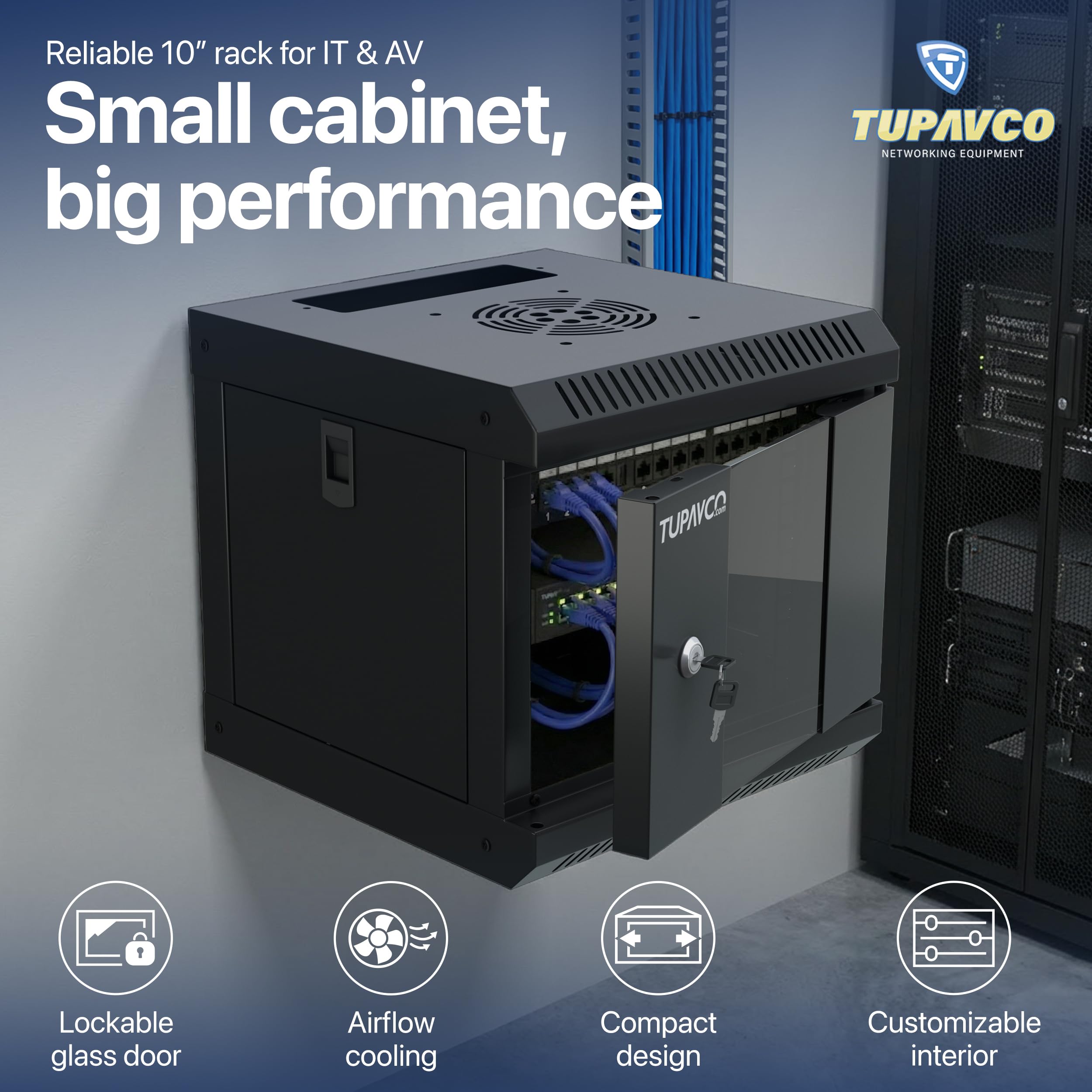 TP434 - Mini gabinete de red de 25.4 cm con ventilación 4U con 22.9 cm de profundidad | Para carcasa de mini servidor/rack de red, con puerta de cristal y fácil montaje