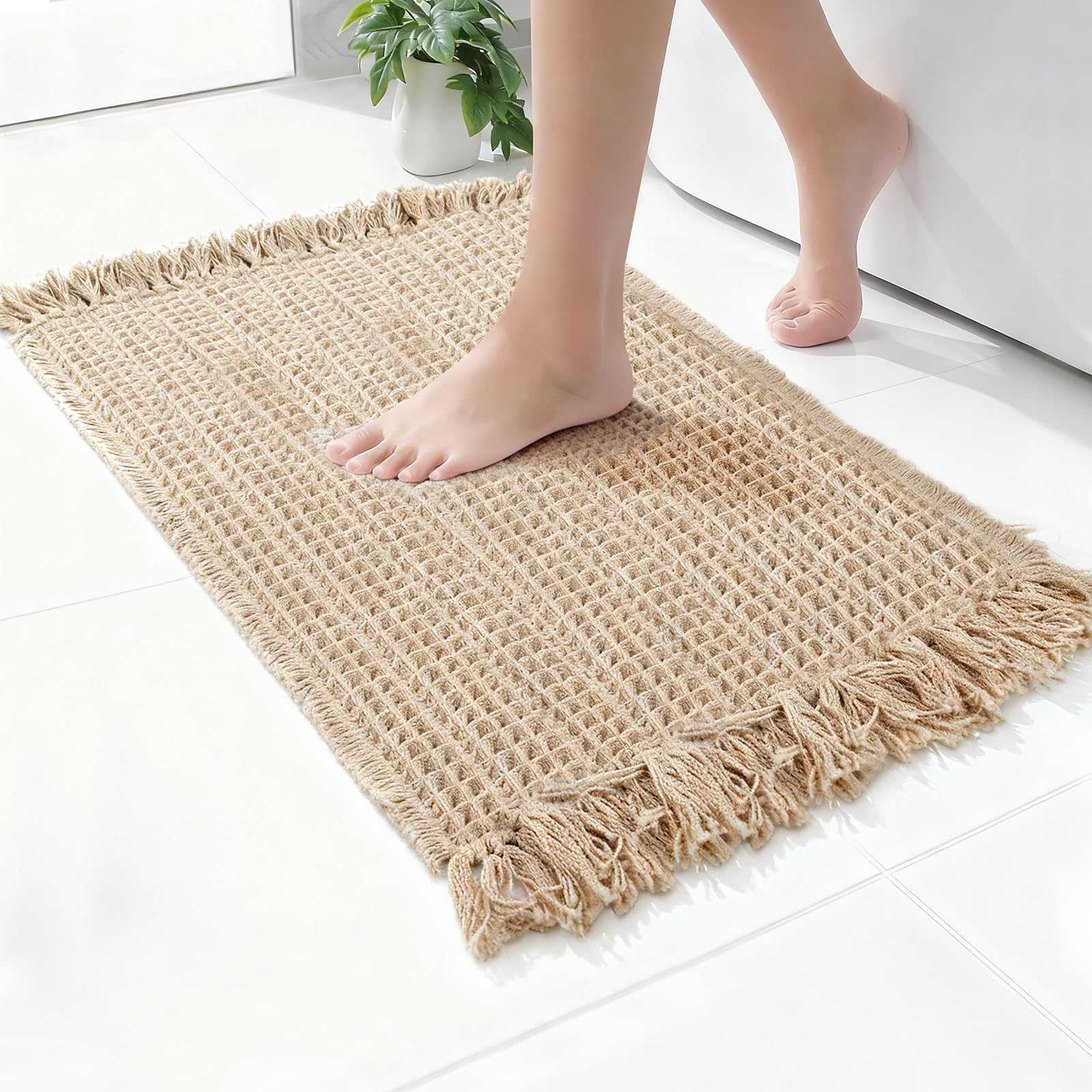 Photo 1 of CozeForm Waffle Bath Mat, Super Absorbent Waffle Bathroom Rug with Tassels, Non Slip Bath Mats for Bathroom Floor, Ultra Soft Boho Bath Mat, Quick Dry Shower Mat, Machine Washable, 24"×36", Khaki