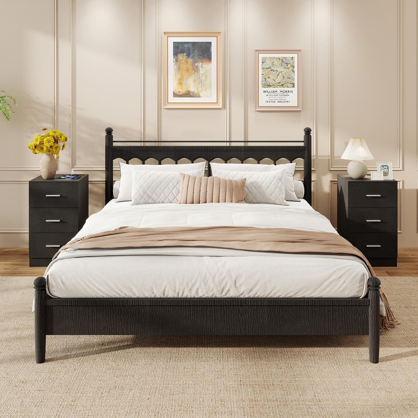 COSTWAY Table de Chevet avec Prise, Table de Nuit 3 Tiroirs, Commode Chambre Bois avec Poignée, Meuble Tiroir Rangement pour Bureau, Salon, 38 x 35 x 66 CM (Noir)