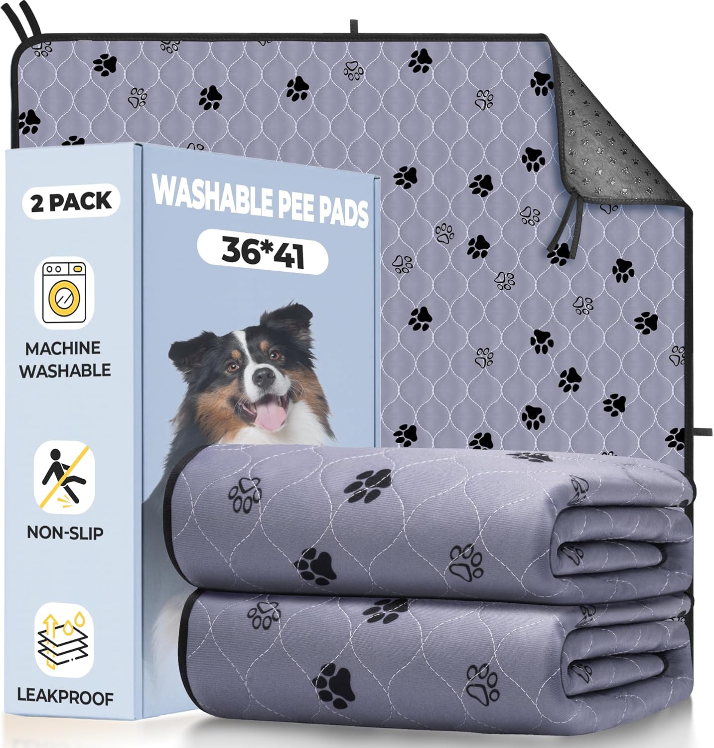 Fostanfly Washable Pee Pads for Dogs, 2 Pack Large 36"x41" Ultra-Absorbent and Leak-Proof Non-Slip Reusable Potty Training Pads for Dogs, Cats, Puppy, Potty Training of Add 8 Lanyards Gray 36*41 Inch (Pack of 2)