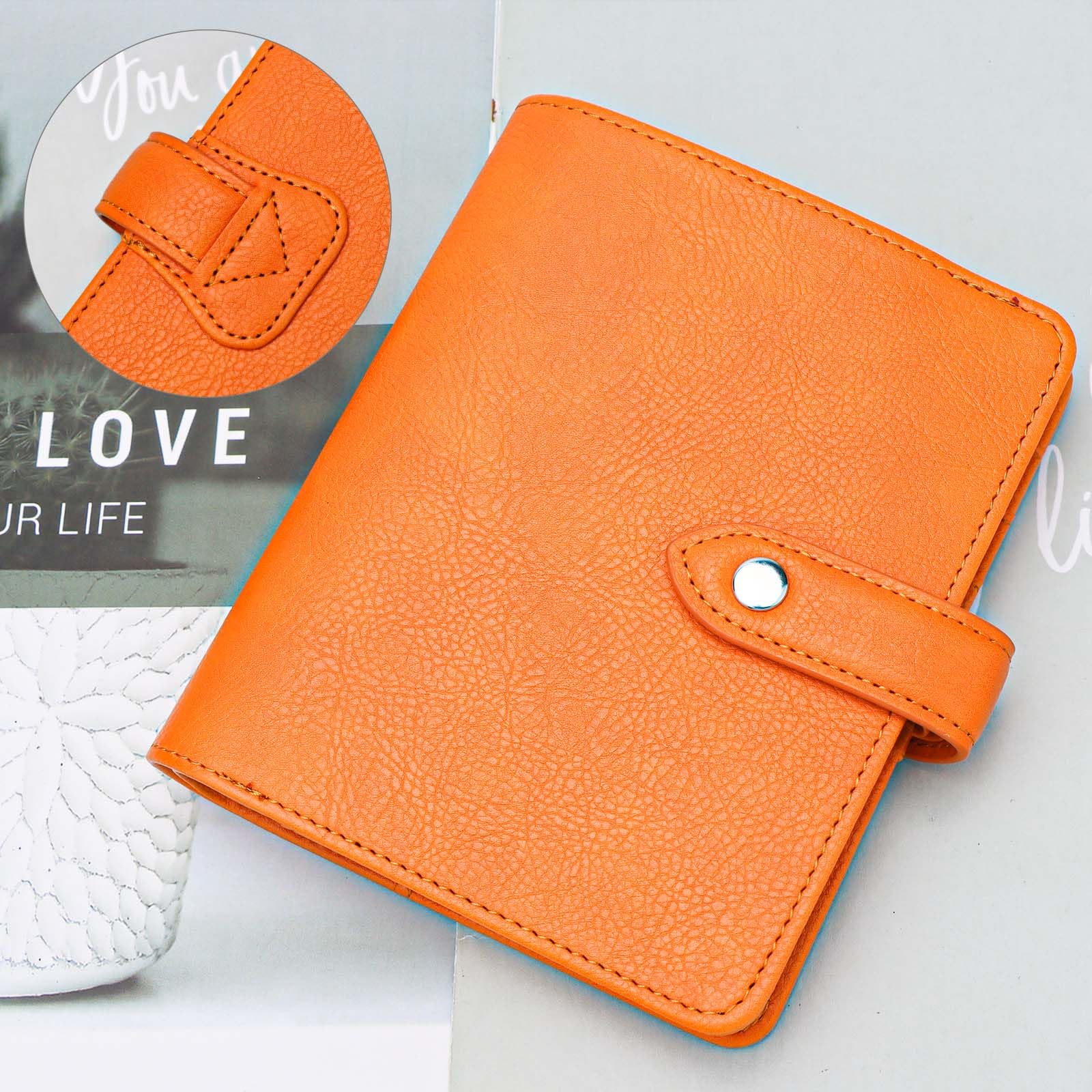Raccoglitore per contanti, formato A7, mini planner arancione, in pelle PU, con 6 anelli, chiusura a scatto, per borsa, diario, carta A7, buste per contanti