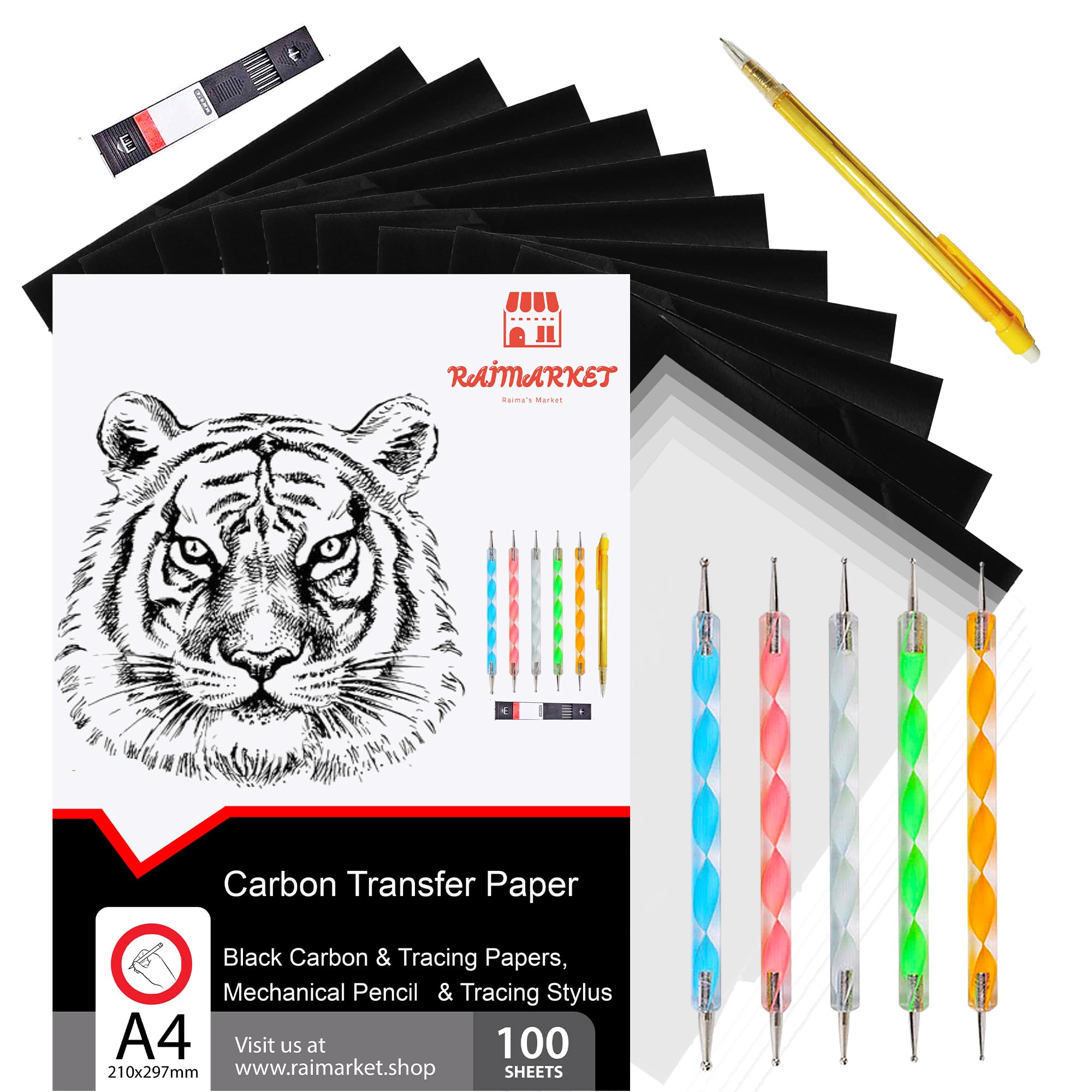 Raimarket 112 Pcs Black Carbon Paper for Tracing On Fabric, Wood and Sewing Includes 5 Tracing Paper for Sewing Patterns, 1 Pencil and 1 Lead Box, 5 Stylus, A4 Size, Graphite Transfer Paper