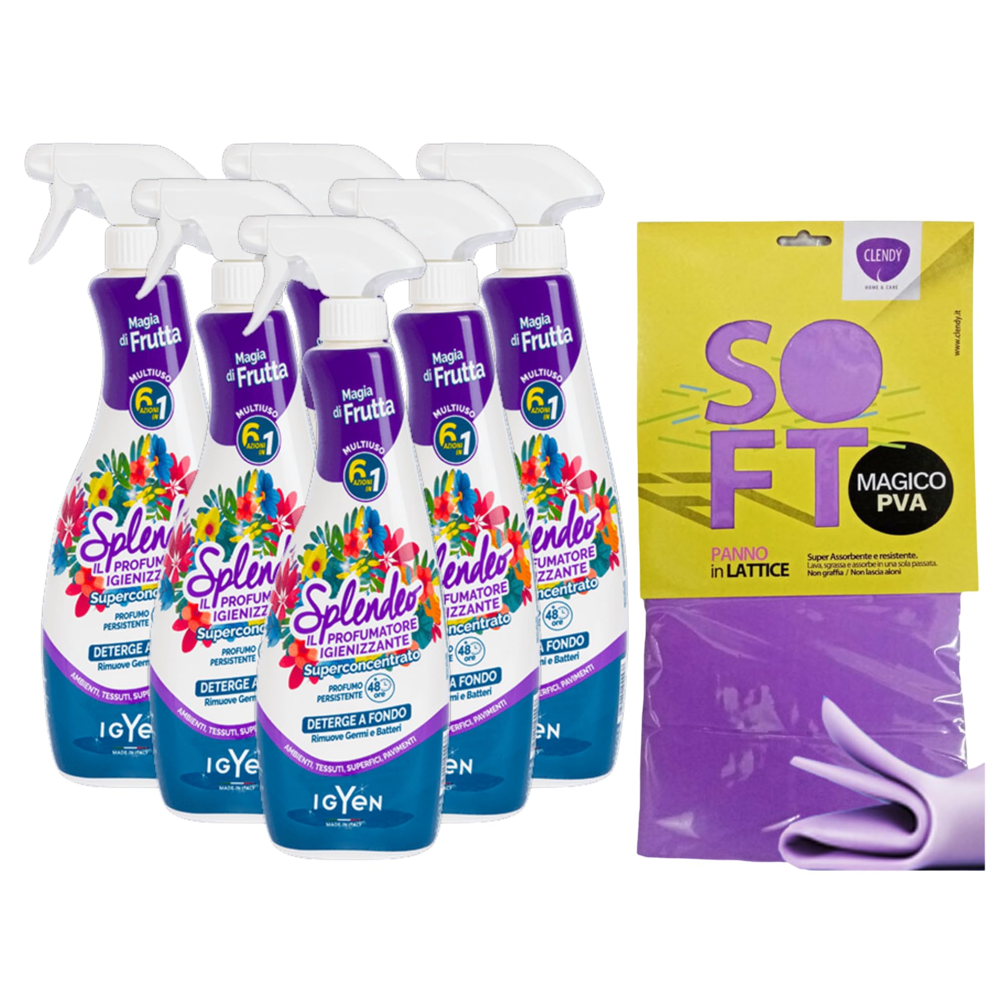 Detergente Multiuso Spray, Il Profumatore Igienizzante Superconcentrato, MAGIA DI FRUTTA. Deterge, Rimuove Germi e Batteri. Per Ambienti, Tessuti, Superfici, Pavimenti 750ml (6 Spray)+Panno In Lattice
