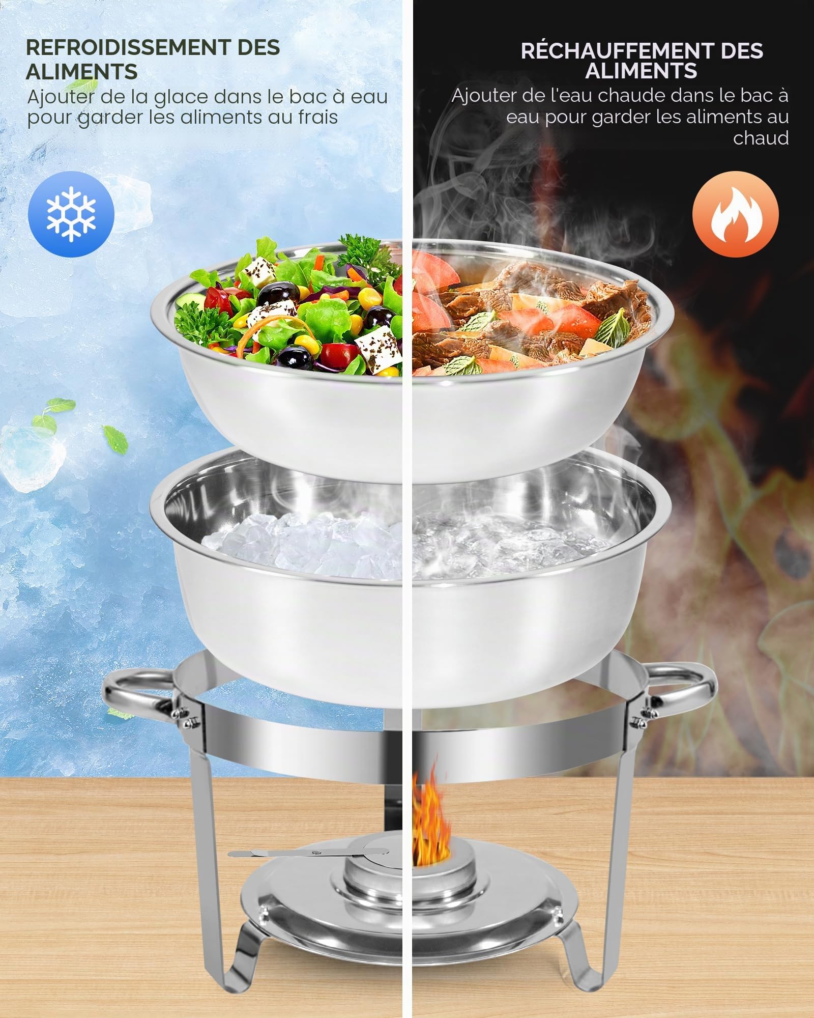 Chafing Dish Buffet Lot de 4 récipients de Conservation au Chaud en Acier Inoxydable - 5 l - Robuste et de qualité supérieure - avec Pinces de Service - Rondes - Argenté