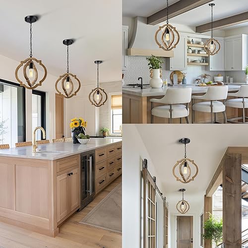 Miniatura 7 de Paquete de 2 lámparas colgantes de granja, luces colgantes de grano de madera para isla de cocina, altura ajustable, base E26, compatible con techo