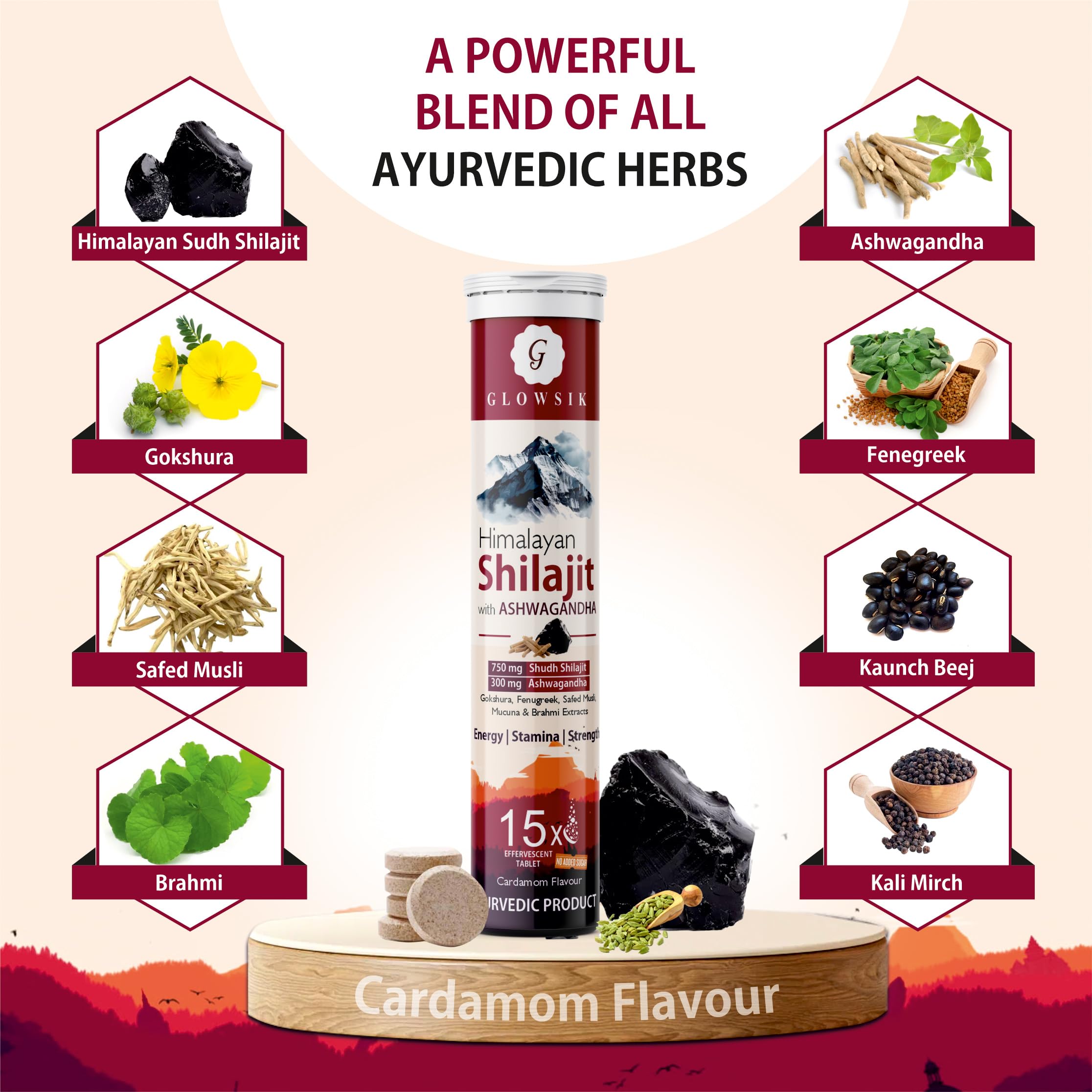 GLOWSIK Himalayan Shilajit Original (750mg) 30 Effervescent Tablets, With Ashwagandha, Gokshura & Safed Musli for Strength, Performance & Muscle Recovery, Cardamom Flavour | Ayush Approved | Pack of 2 — Amazon image 2