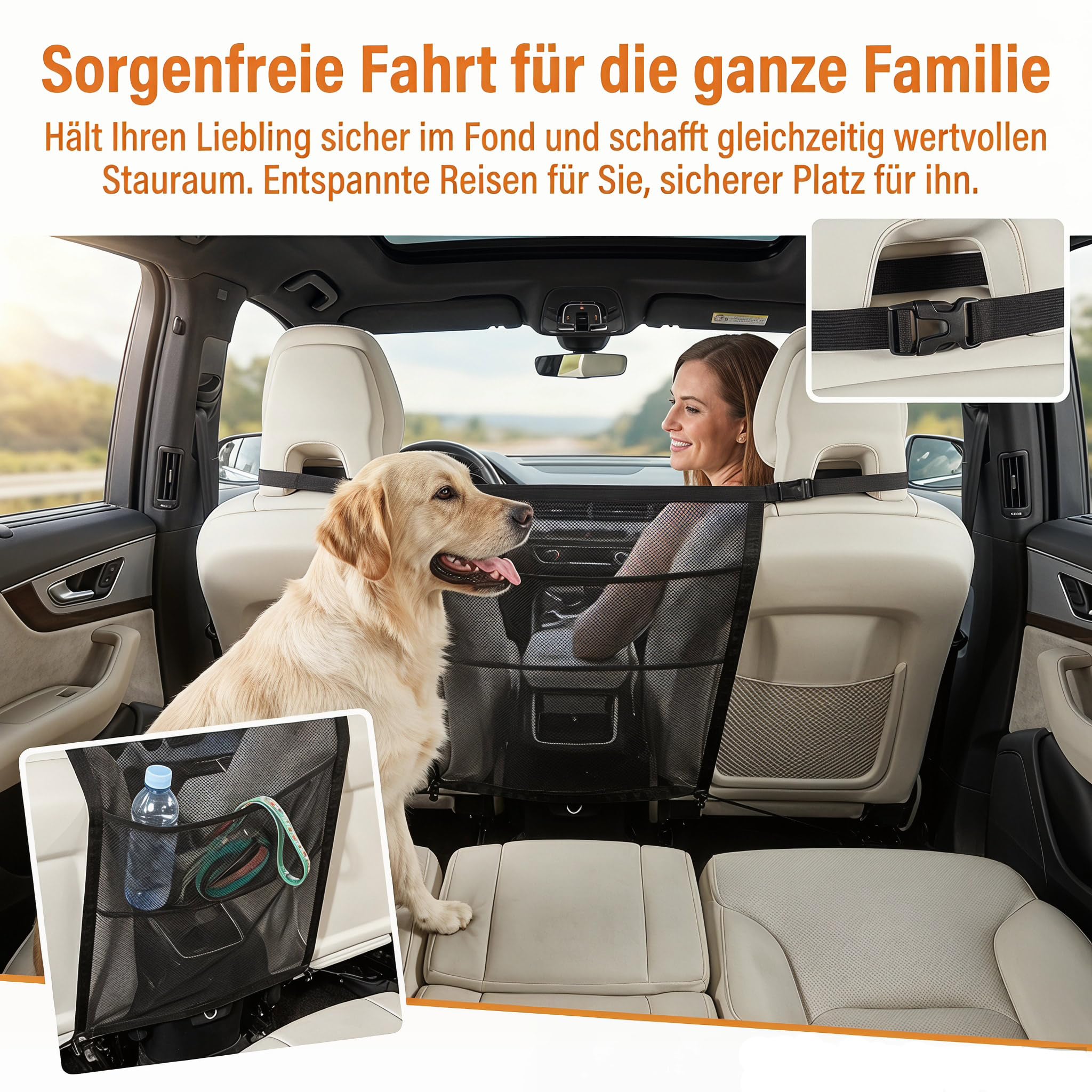 GGW Hundegitter Auto für Vordersitz mit Taschen Universal Absperrung Netz