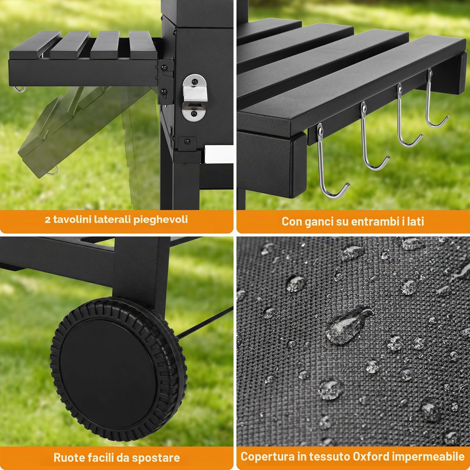 LIFERUN Barbecue Carbonella XXL con Coperchio, Griglia per Barbecue con Copertura Impermeabile, Ruote e Termometro, Altezza regolabile, Grande BBQ Smoke, per Campeggio, Giardino