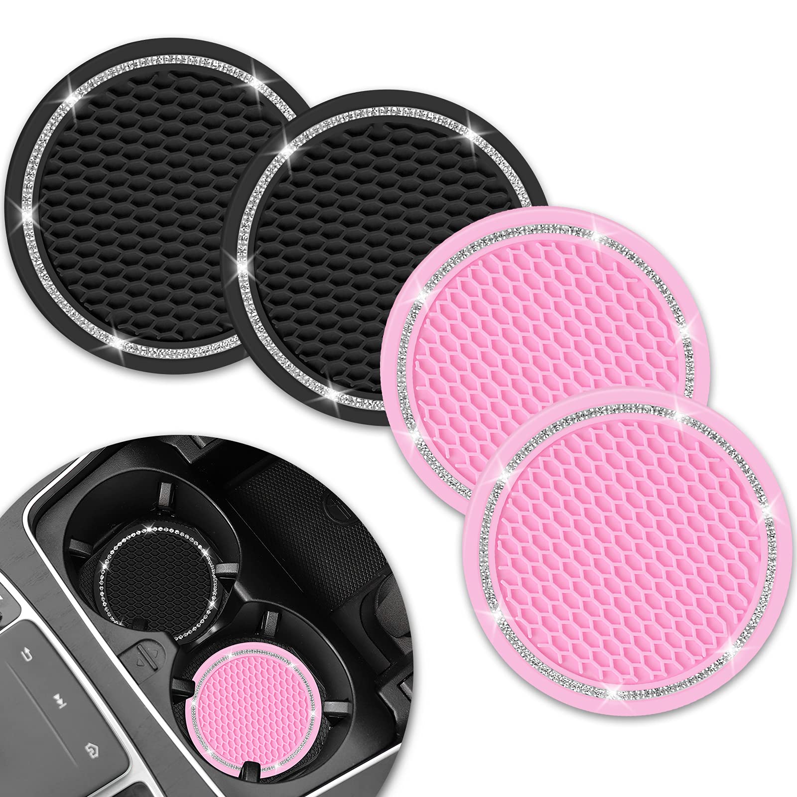 Car Coasters for Cup Holders, SHANSHUI 2.75 Inches Cute Accessories Anti-Slip Silicone Cup Holder for Car -Blackpink/ 4Pcs