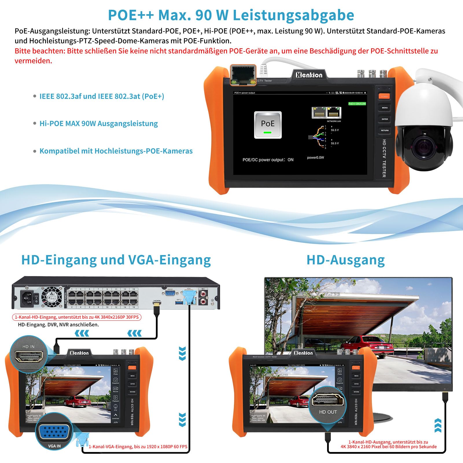 Henkion IPC CCTV Tester H12-ADHS Mit 8 Zoll IPS Touchscreen Monitor, CCTV-Kameratester Unterstützt 8K 32MP IP Und 4K 8MP TVI CVI AHD SDI-Kameratests, Kabeltester SFP POE HDMI/VGA WiFi RS485