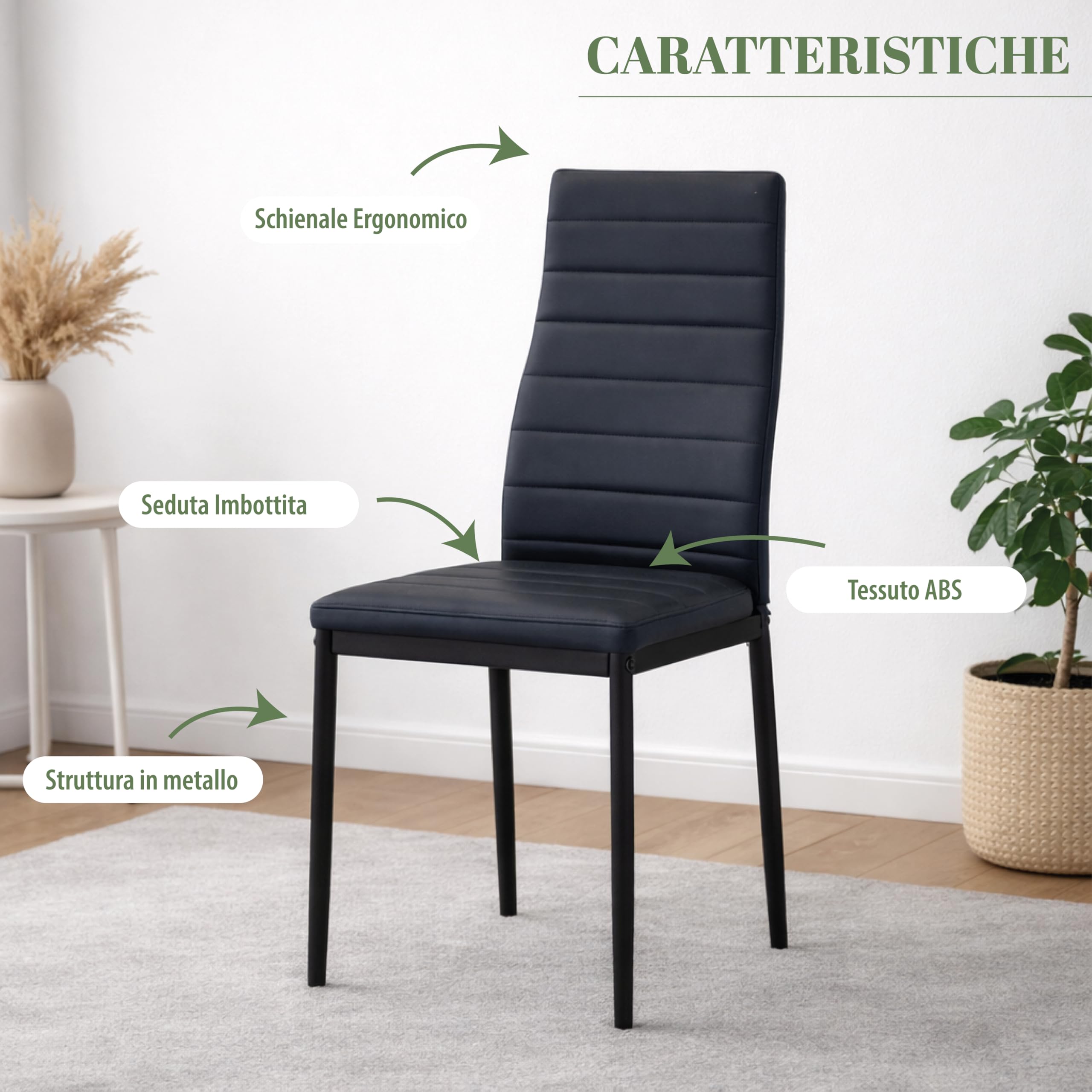 Set 4 Sedie in Finta Pelle - Imbottite, Design Moderno, Elegante, Soggiorno, da Cucina, Ufficio, Seduta Ergonomica, Schienale Alto, Struttura in Metallo - 53x46x97h cm