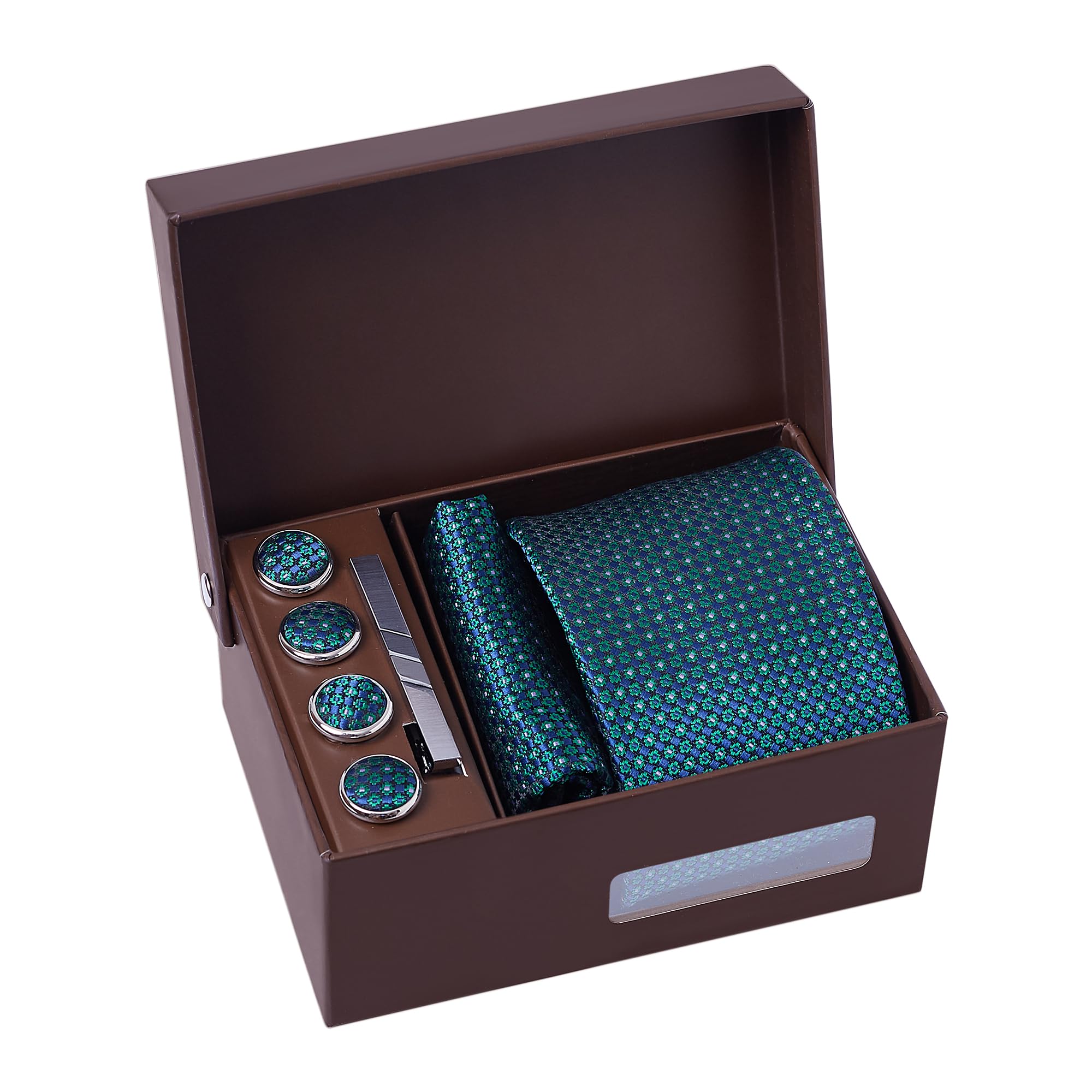 BRERA 67 conjunto de 5 accesorios hombre para traje elegante: corbatas de hombre con pañuelos, gemelos, pisacorbatas y cubre botones, caja regalo