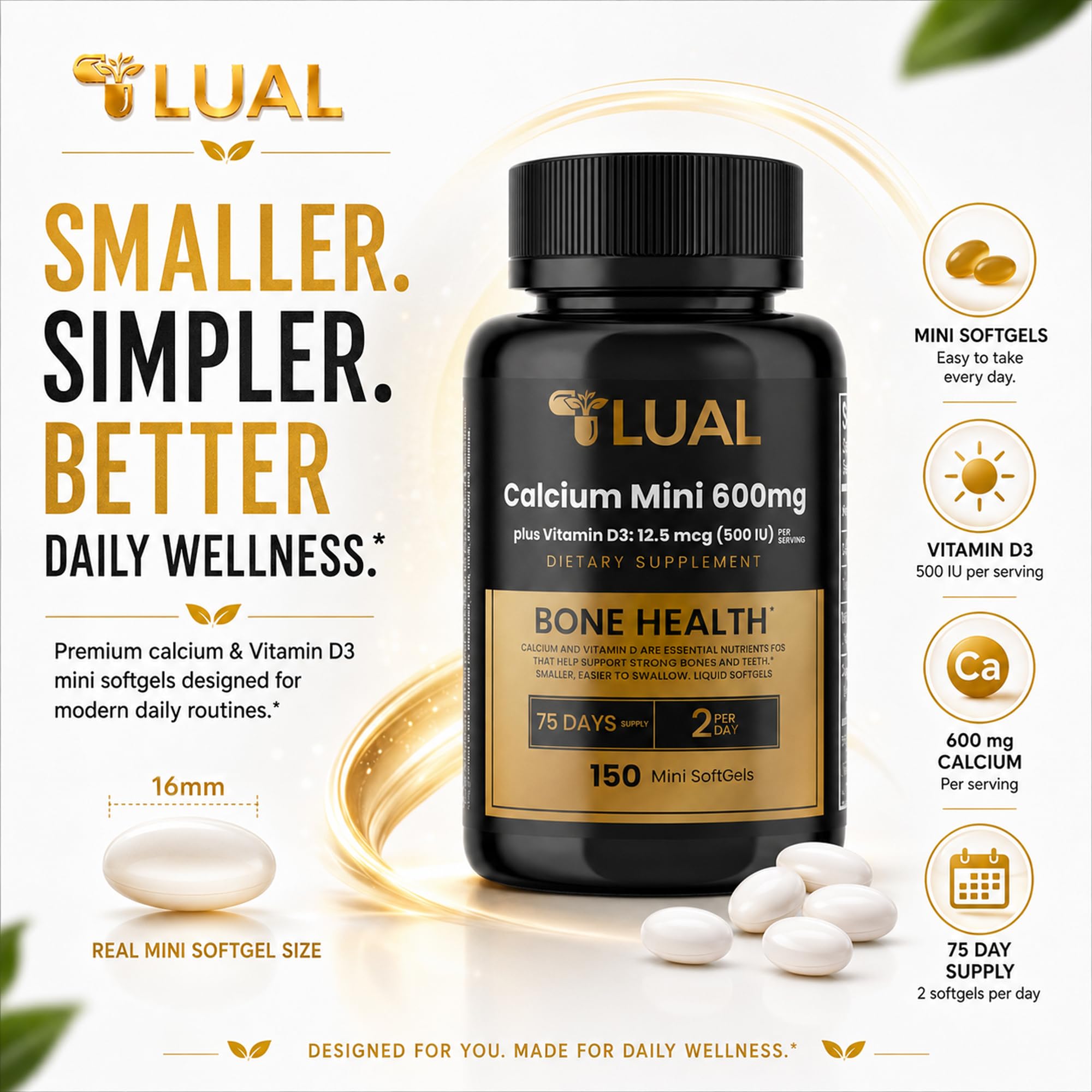 LUAL Calcium 600 mg with Vitamin D3 • Calcium Supplements for Women & Men — Amazon image 5
