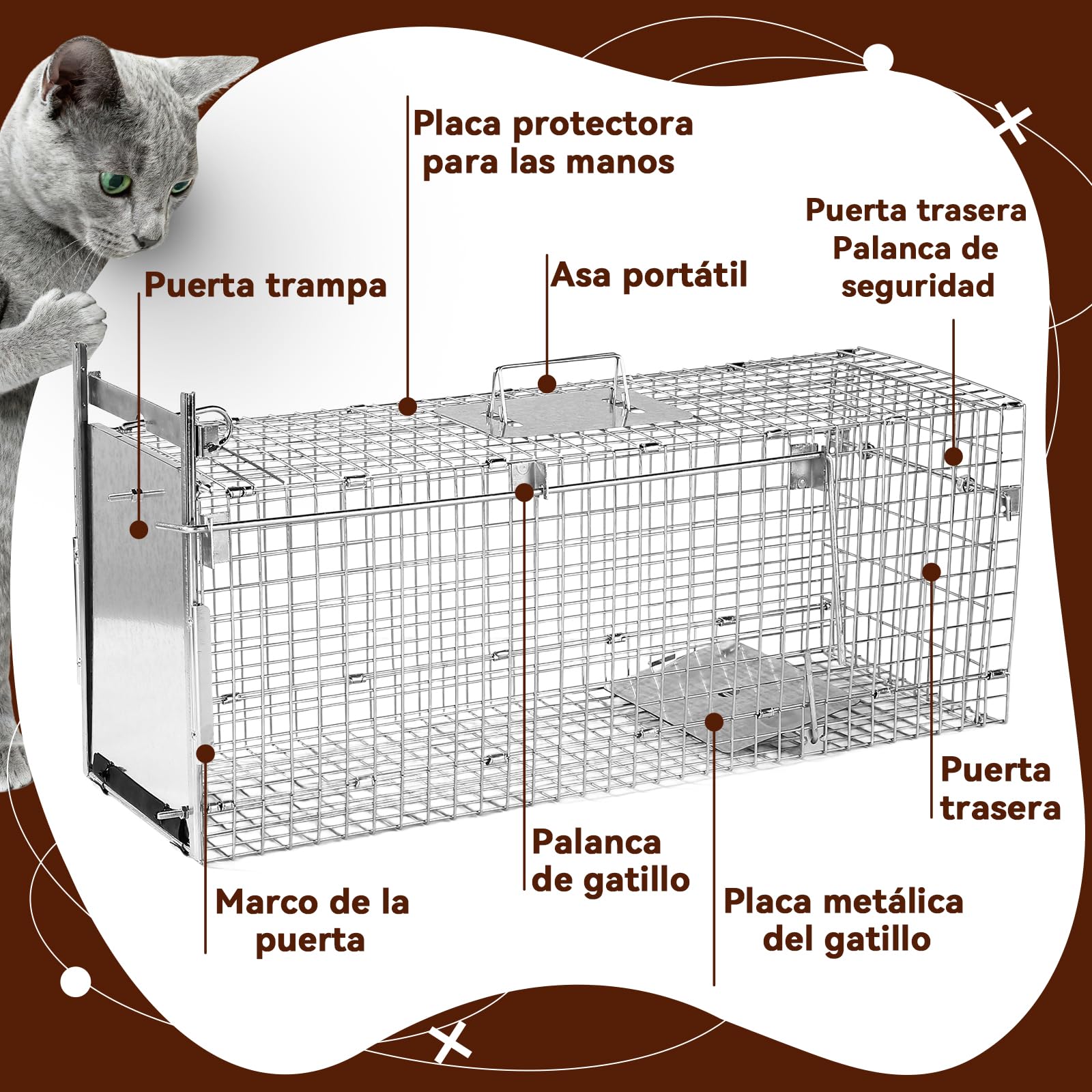 Jaula Plegable para la Captura de Animales 95×31×36 cm | Jaulas para la captura de animales vivos, aptas para mapaches, gatos callejeros, cachorros de coyote y cachorros de zorro