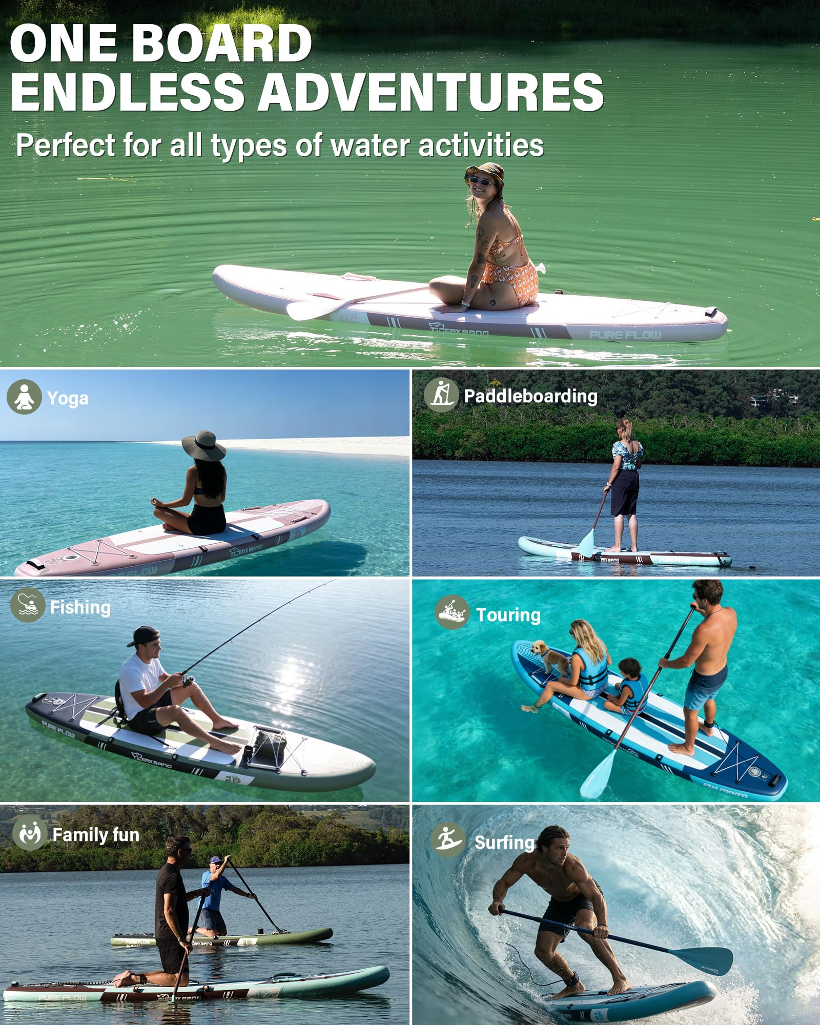 TIGERXBANG Aufblasbares Paddle Board mit Sitz, 335 x 86 x 15 cm Stand Up Paddling Board für Erwachsene/Kinder, Komplettes ISUP-Surf-Set für 2+1 Personen/Familie