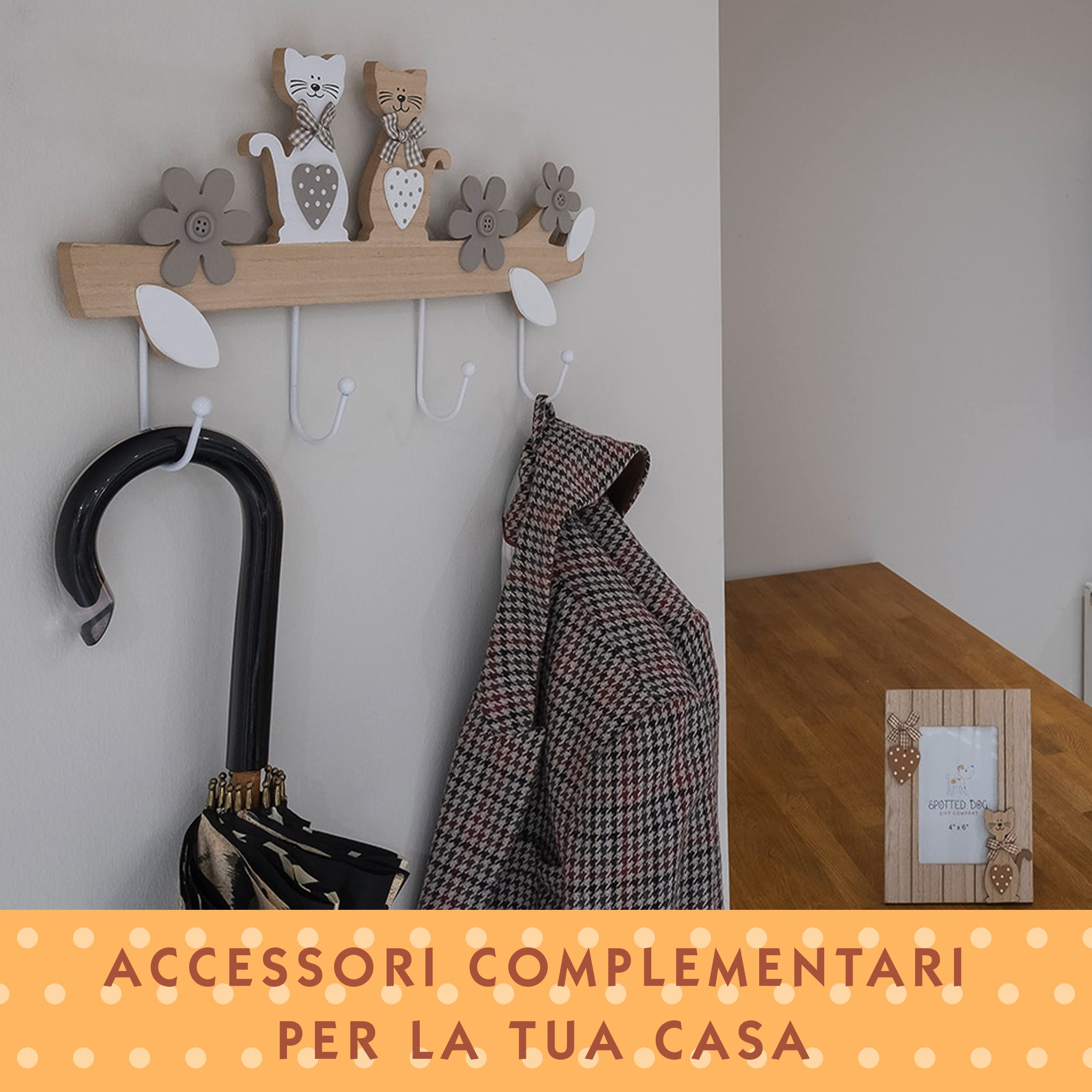 SPOTTED DOG GIFT COMPANY - Appendiabiti da parete con motivo gatti - con 4 ganci - per cucina, corridoio o camera da letto - idee regalo - in legno