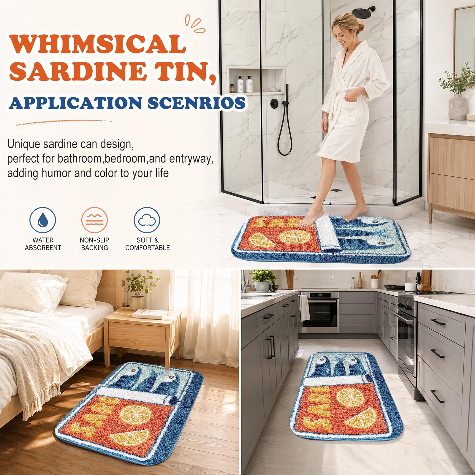 Sardinen Dose - Tappetino da bagno, 50 x 80 cm, divertente, lavabile, antiscivolo, morbido, assorbente, per bagno, cucina, camera da letto, WC, soggiorno
