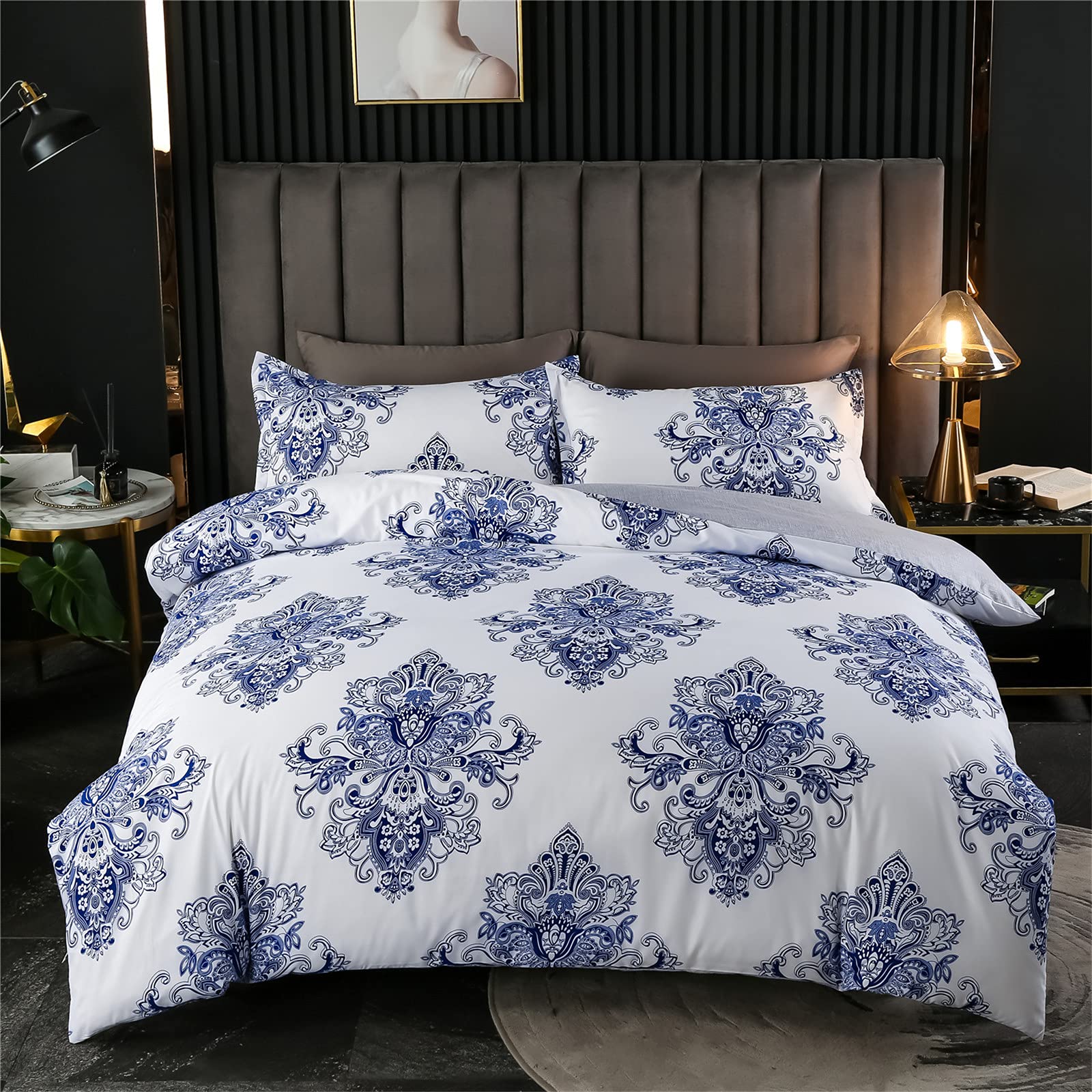 Bohemia Duvet Cover Set 3 Pieces, Treer Single Double King Bedding Set Folk-Custom Microfiber Soft Duvet Set with Zipper Closure Quilt Case and 2 Pillowcases (Blue White,220x230cm)