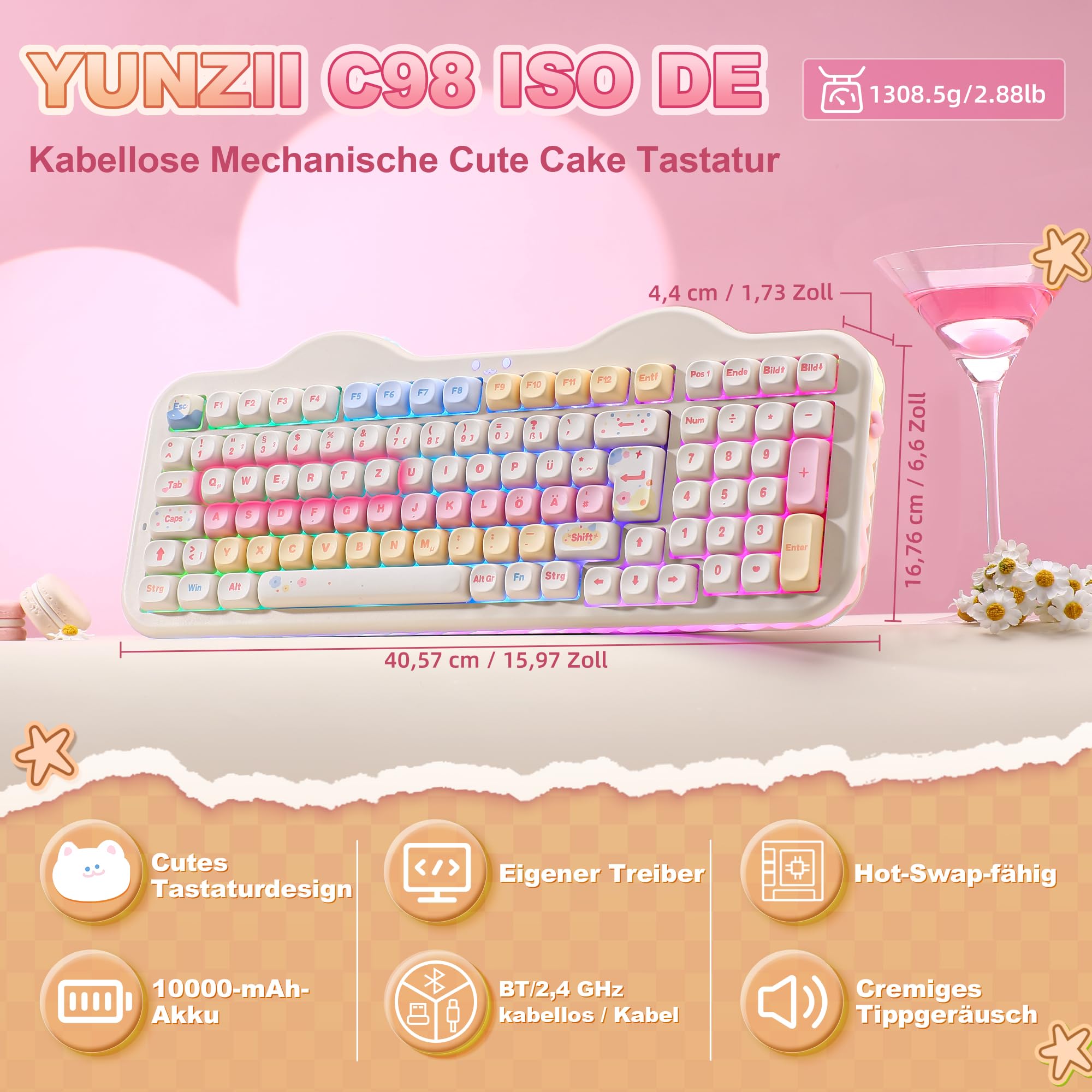 YUNZII C98 ISO DE - Tastiera meccanica wireless (beige, Milk V2 Linear)