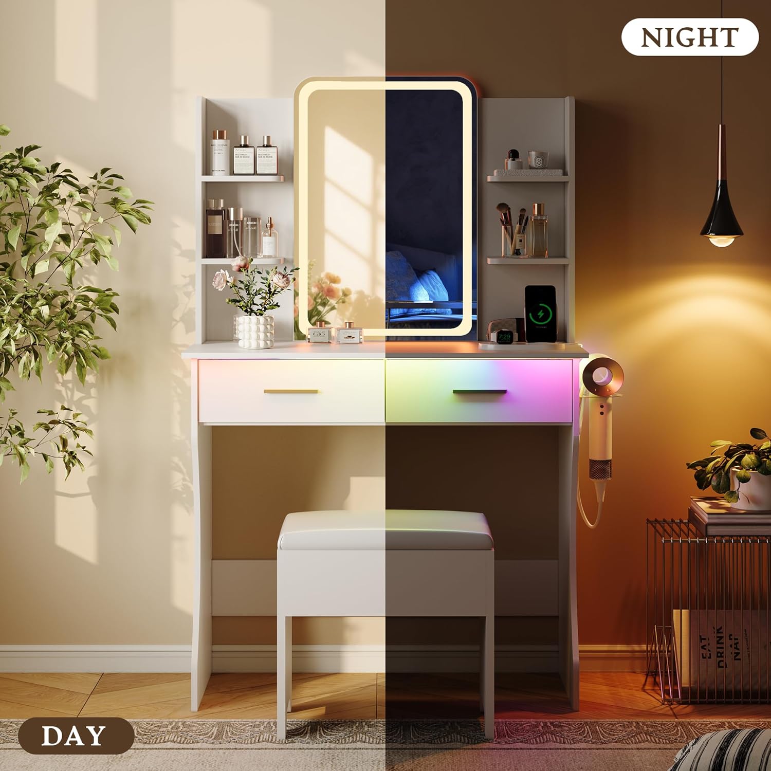 Makeup Vanity Desk with Mirror & Lights, Small Vanity Table Set for Girls with Chair & Power Outlet, Modern Dressing Table with 2 Drawers & 4 Storage Shelves, Adjustable RGB Lighting - White