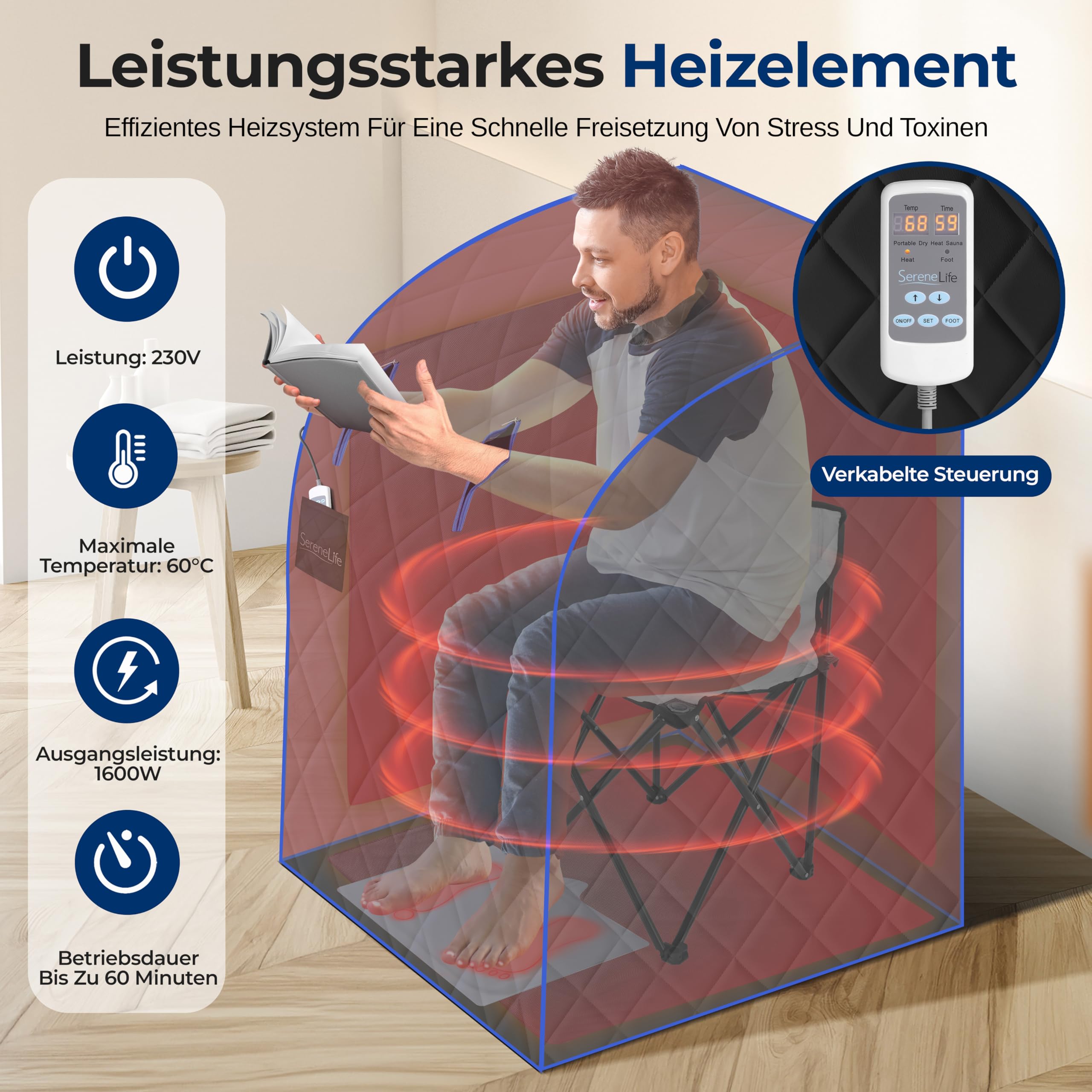 SereneLife Dampfsauna Zelt Schwarz 70 x 80 x 98 cm – Tragbare Heimsauna mit Stuhl und Heizmatte Faltbare Mini Sauna - Mobile Dampfbad Kabine bis 60 °C, Carbon-Heizelement und Fernbedienung