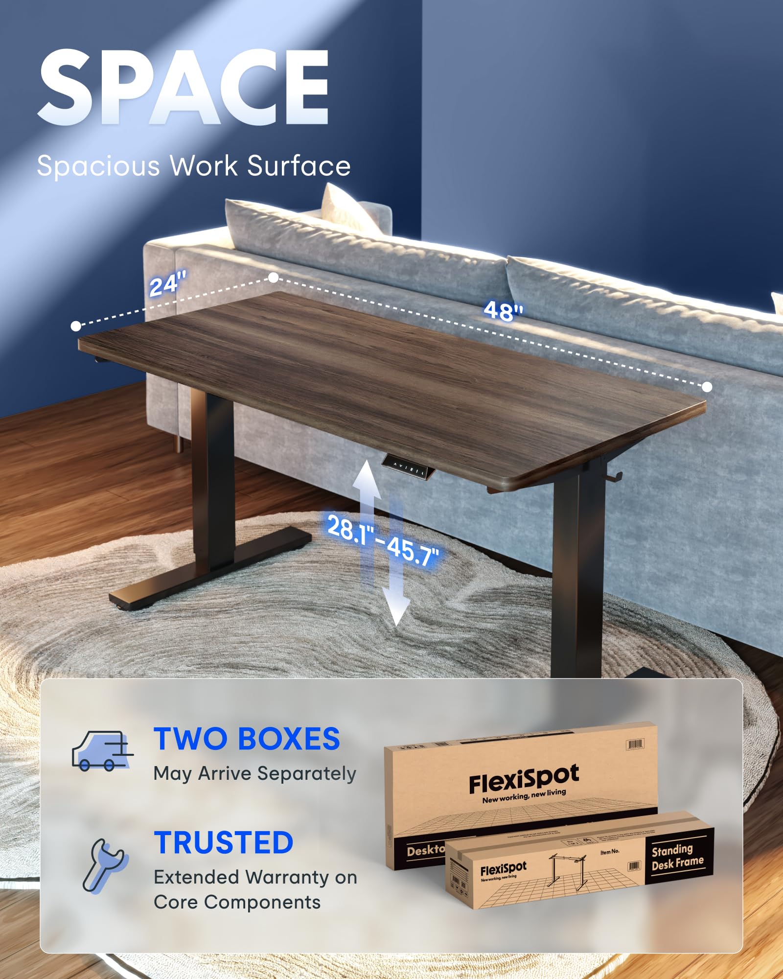 FLEXISPOT EN1 One-Piece Standing Desk, Electric Adjustable with 4 Memory Presets, 176 LBS Capacity, Stable & Quiet, Seamless Desktop for Home Office & Dual Monitors, 48"x24" Black Walnut view 5