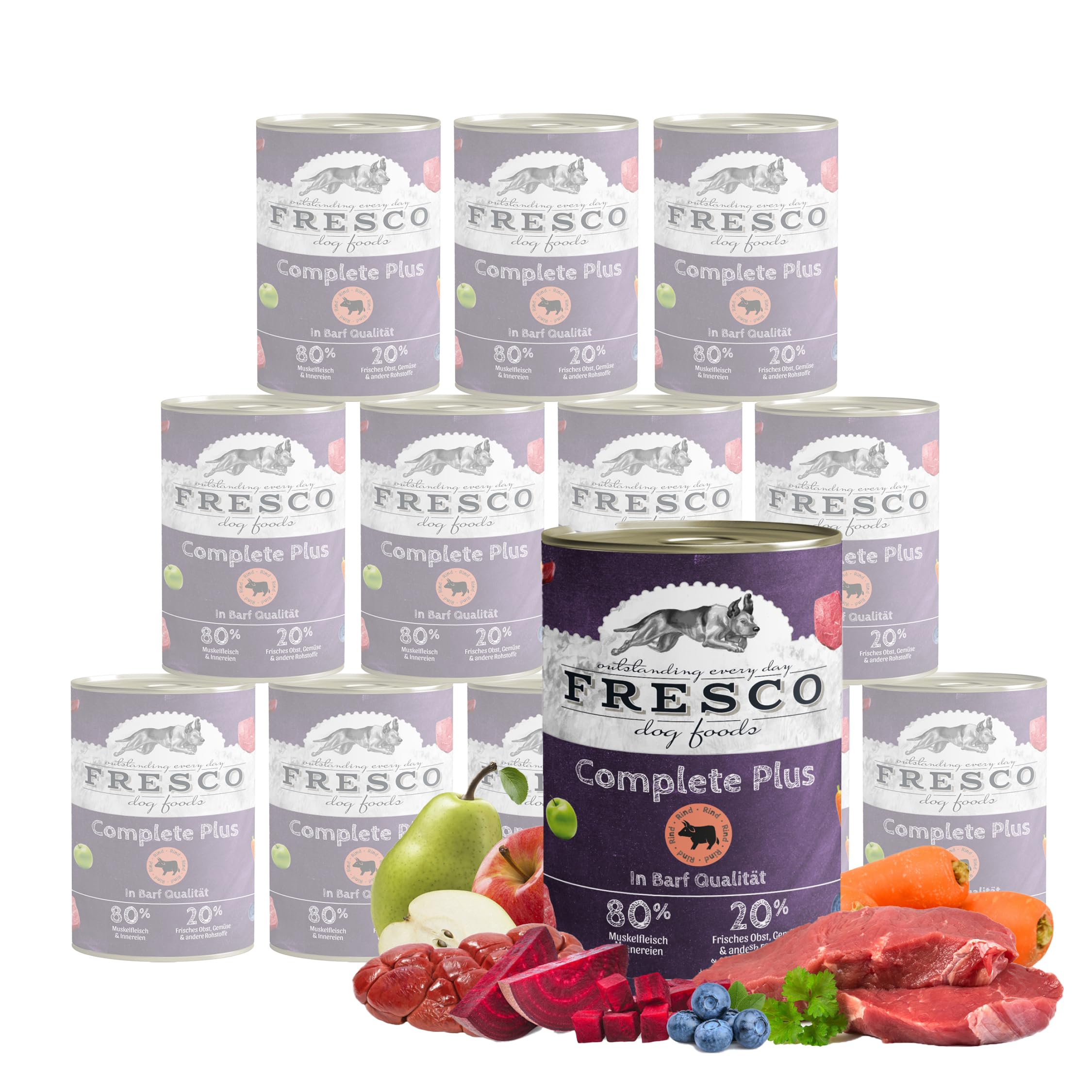 FRESCO Dog NassBarf Rind 12 x 400g | Hundefutter Nass getreidefrei | Mono-Protein & 80% Frischfleisch | Nassfutter für Hunde ohne künstliche Zusätze | Aus Deutschland