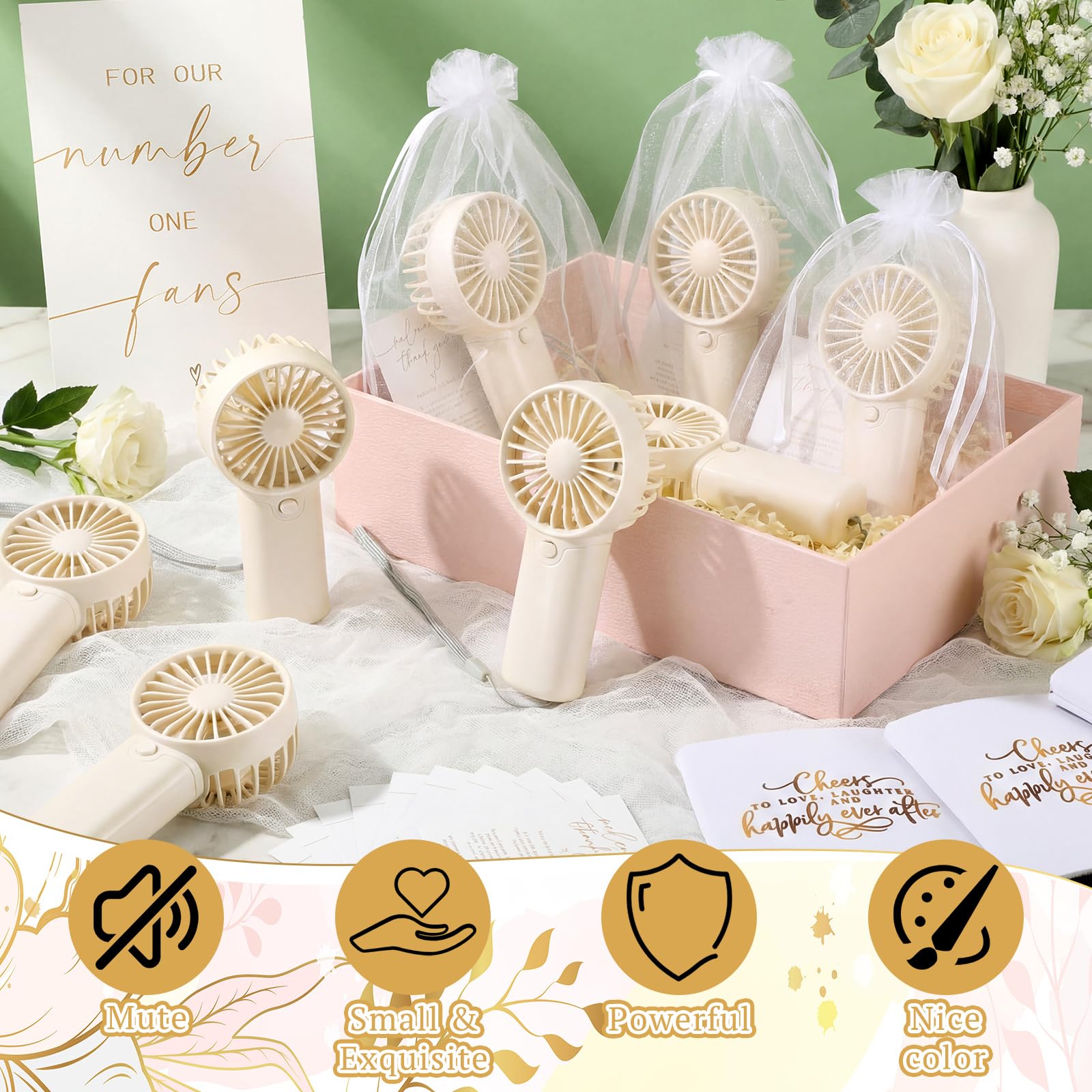 Hortsun Mini-Handventilator-Set für Hochzeit, Großpackung für Gäste, tragbar, persönlich, kleine Fächer, Dosenkühlerhüllen mit 1 Holz-Tischschild für Sommer, Verlobung, Brautparty, Gastgeschenke