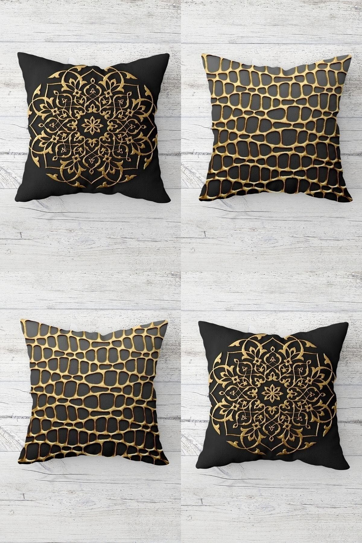 Pelangi Gold Varak Desenli Gizli Fermuarlı Kırlent Kılıfı Koltuk Yastık Kılıfı Takım(4adet), Gold-Antrasit 45 x 45