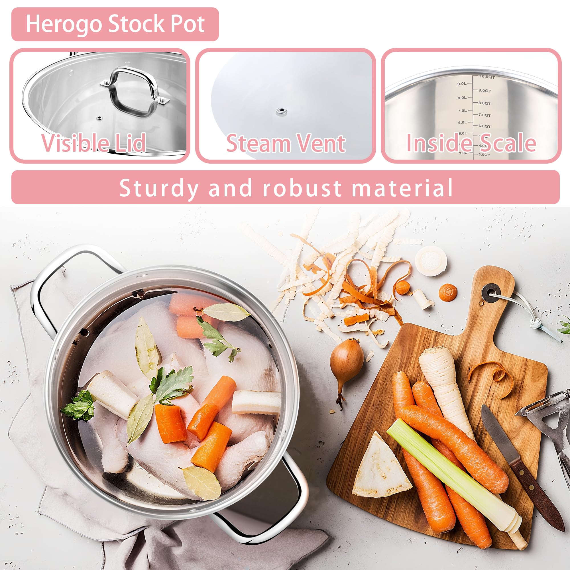 Herogo Pentola da 10 l, pentola in acciaio inossidabile con coperchio trasparente visibile, pentola a induzione da 24 cm per zuppe, fondo a tre strati per tutti i fornelli, grande capacità per stufare