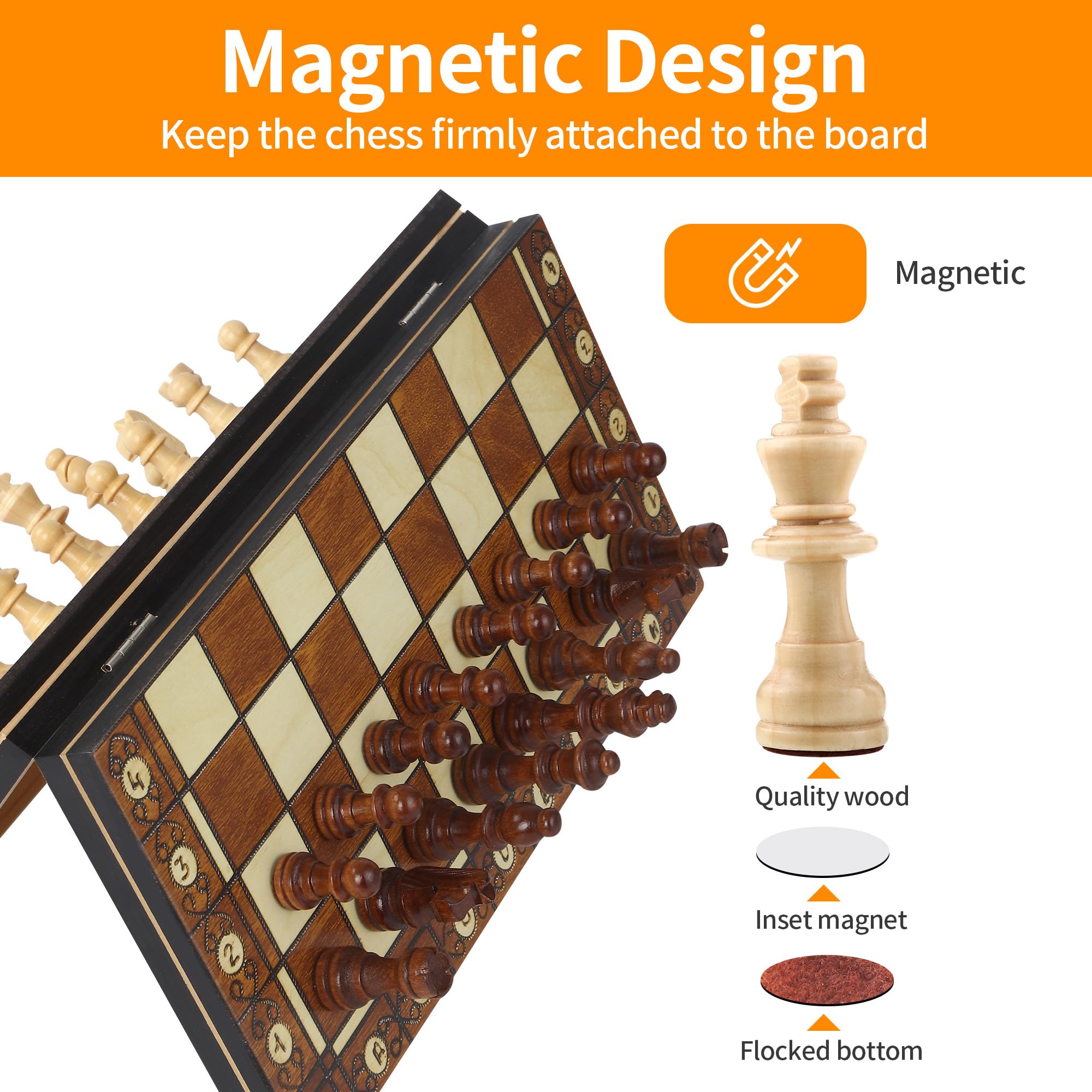Jeu D'échecs, 3 en 1 Jeu d'échecs magnétique Bois,29 x 29 cm, échiquier de Voyage pour Adultes et Enfants, Portable Pliable Les fêtes, activités Familiales