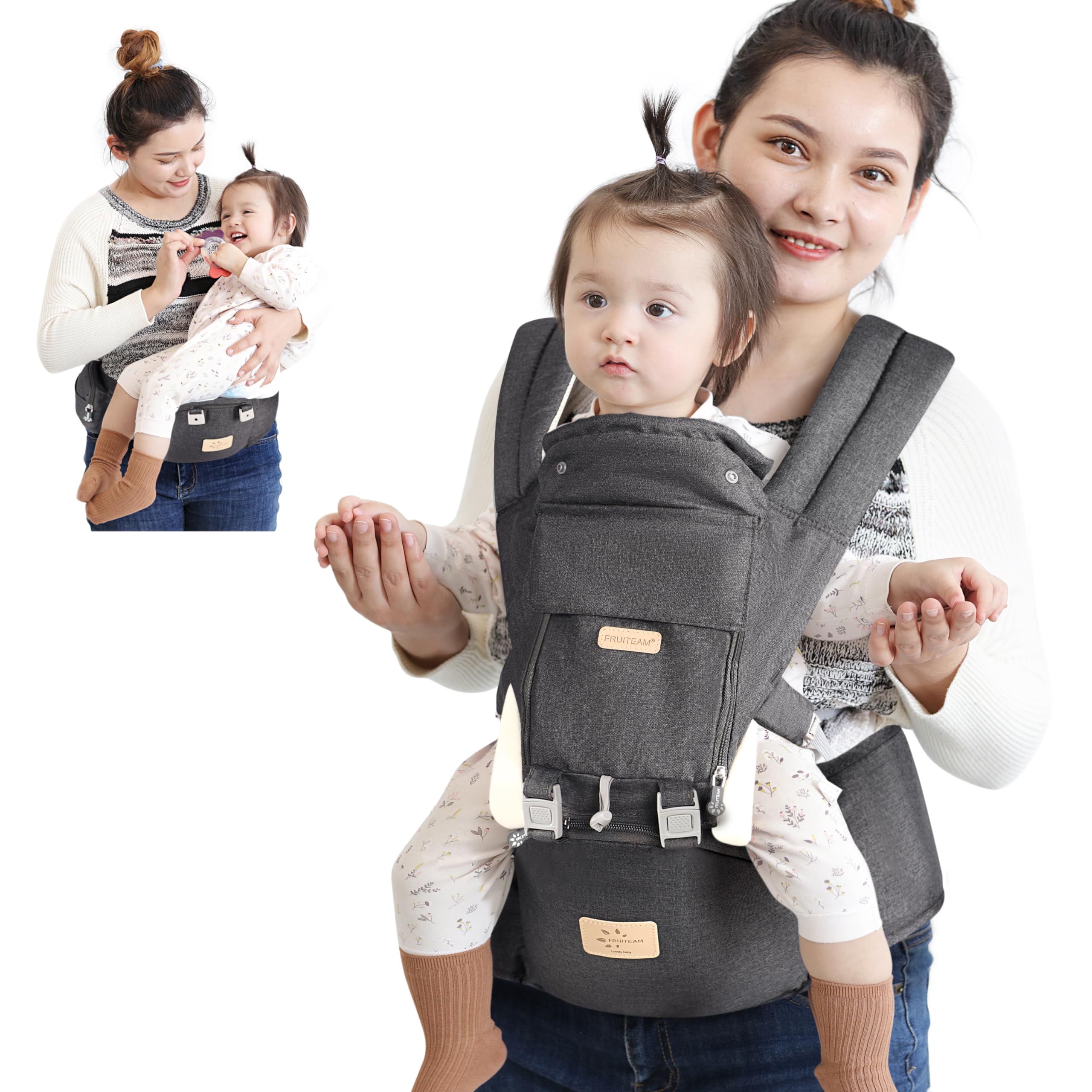 FRUITEAM Baby Carrier Newborn to Toddler, 6-in-1 Ergonomic & Adjustable Baby Carrier with Lumbar Support for All Seasons, Hands-Free, Adapt to Newborn