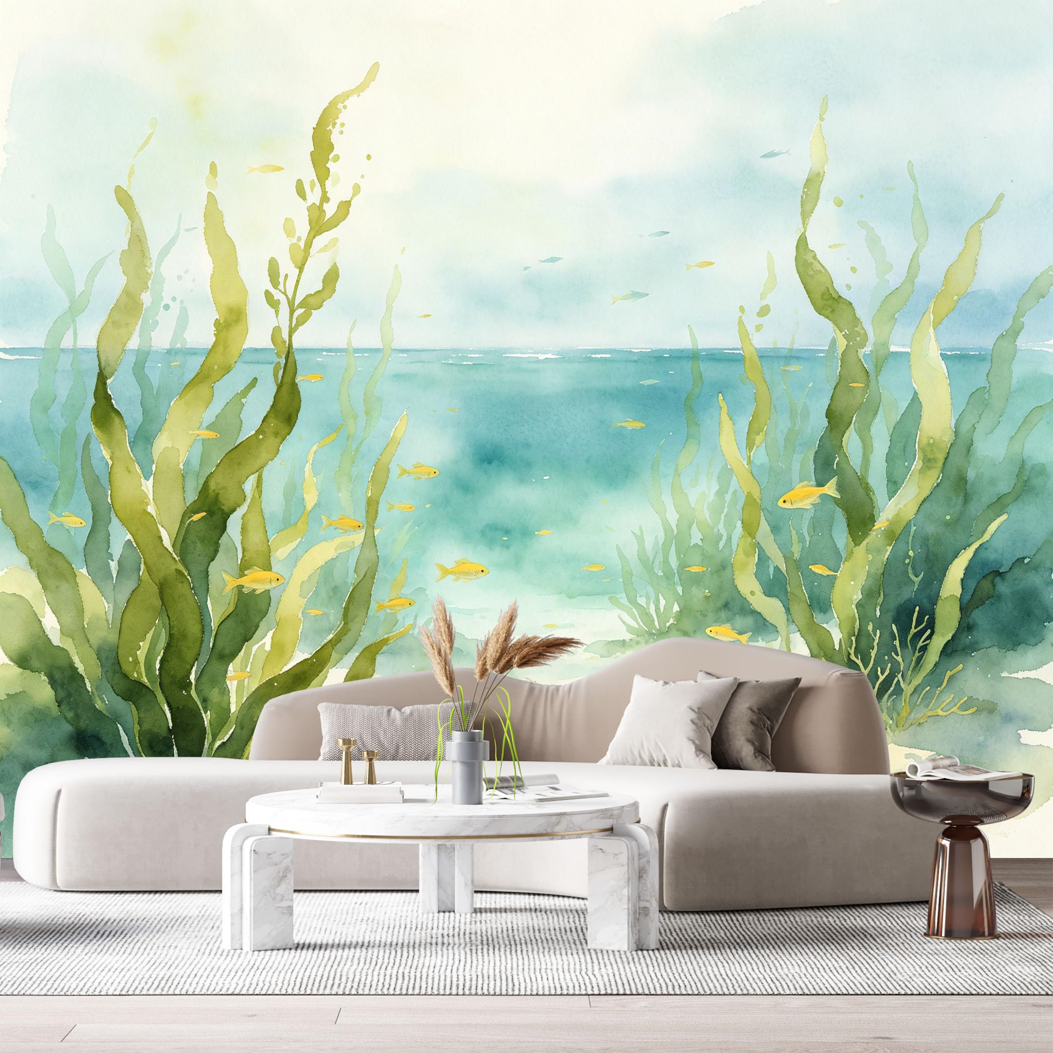 Custom Size Wall Murals Coastal Ocean Marine Watercolor Kelp Fish Seashells SelfAdhesiveWall Fabric Removable Wallpaper Wall Decor for Living Room Bedroom Bathroom