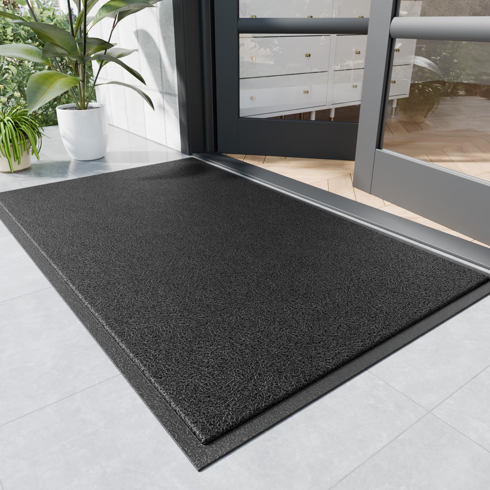 Sturdy Front Door Mat Indoor Outdoor Entrance, 60" x 36" All-Season Trap Dirt and Moisture Welcome Mat, Fade Resistant, Waterproof Easy Clean Low Profile Outside Mat for Entryway (Black)