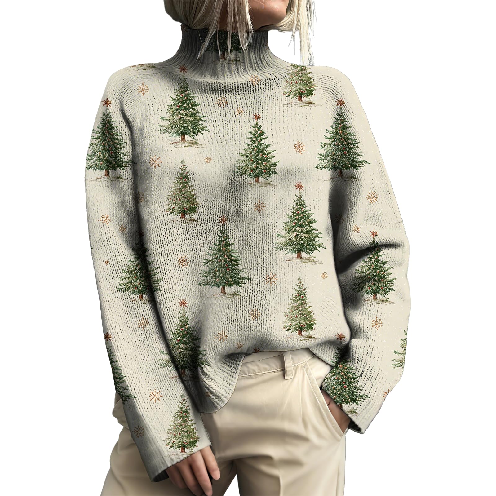 Christmas Sweater Women Funny Turtleneck Knitted Xmas Sweater Casual Loose Christmas Tree Reindeer Graphic Fall Sweater