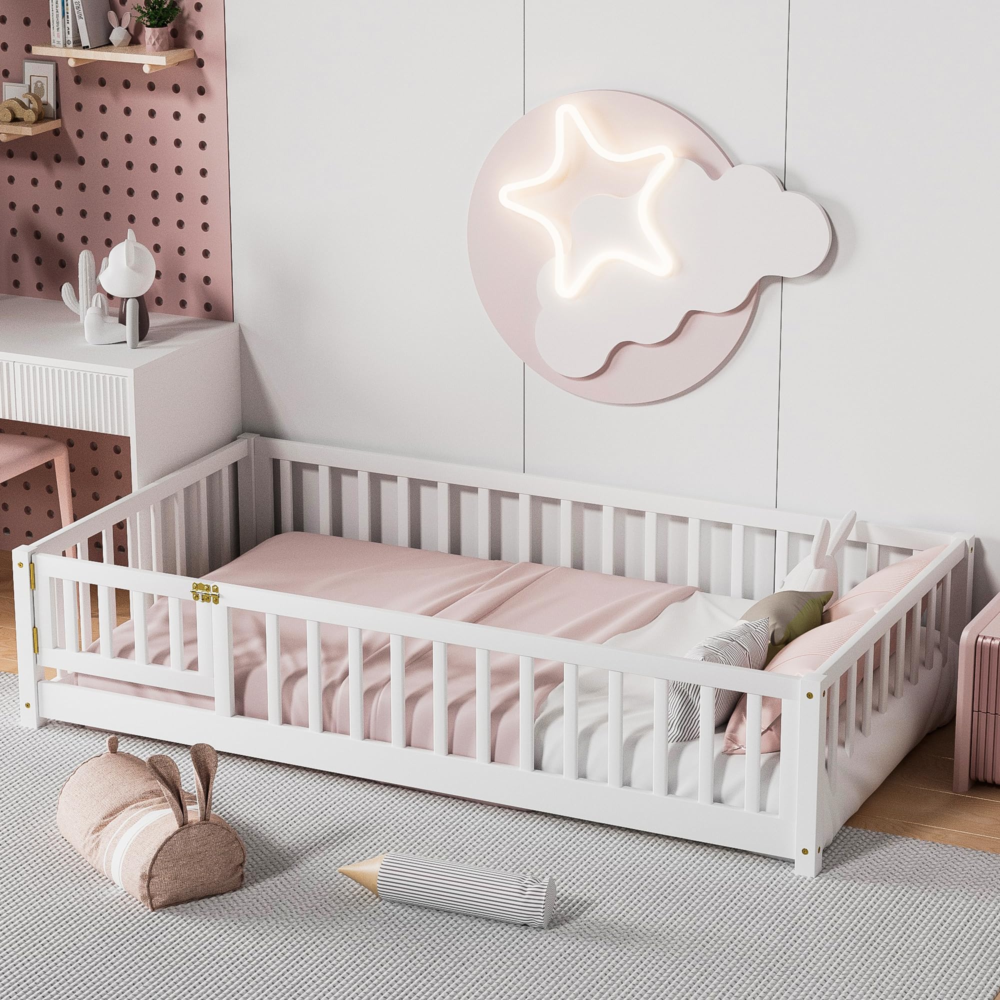 i-POOK Twin Floor Bed for Children, Sturdy Wood Montessori Bed Frame with Wood Slats, Fence & Door, Montessori Floor Bed for Girls and Boys, White