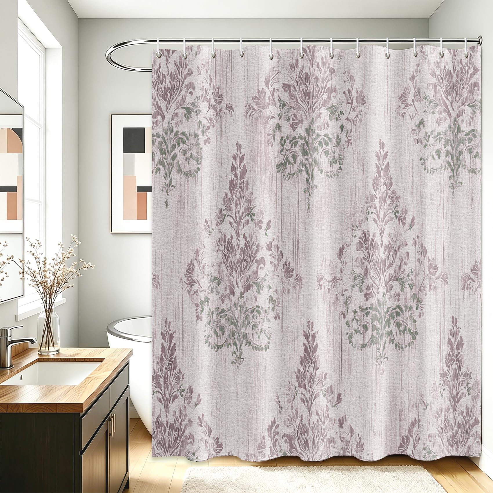 Rideau de Douche Motif Floral Damassé Lavande, Rideau de Baignoire Style Champêtre Français, Tissu Polyester Hydrofuge Lavable Décoration de Salle de Bain avec Crochets, Shower Curtain 200 x 240 cm